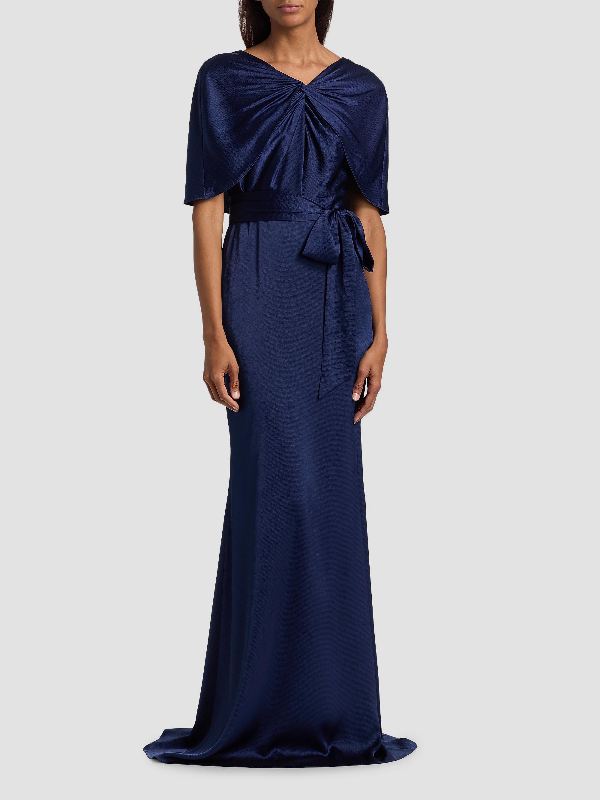 Badgley Mischka Women's Hammered Satin Cape Sleeve Gown - Navy | Thumbnail 3