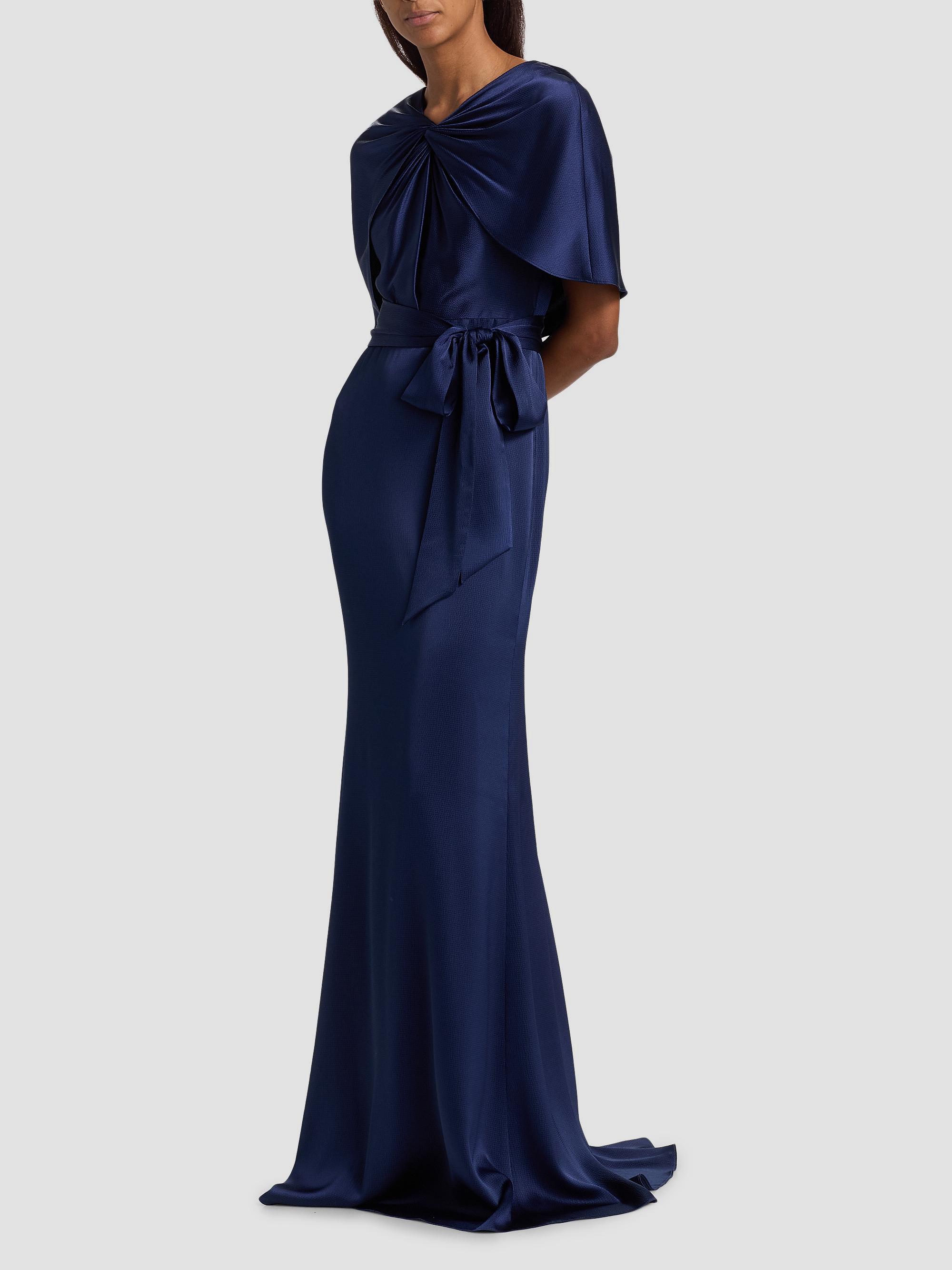 Badgley Mischka Women's Hammered Satin Cape Sleeve Gown - Navy | Thumbnail 4