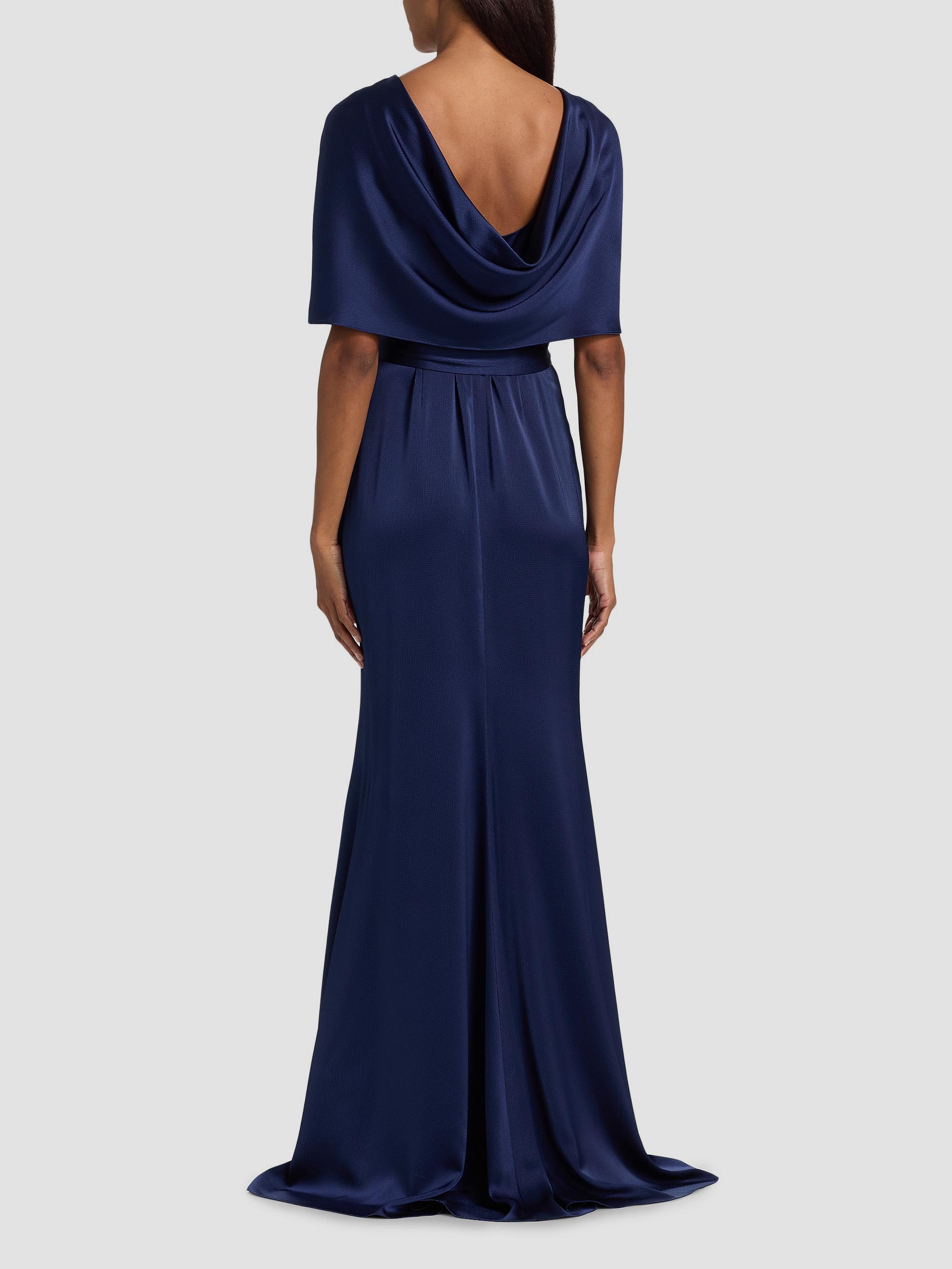 Badgley Mischka Women's Hammered Satin Cape Sleeve Gown - Navy | Thumbnail 5