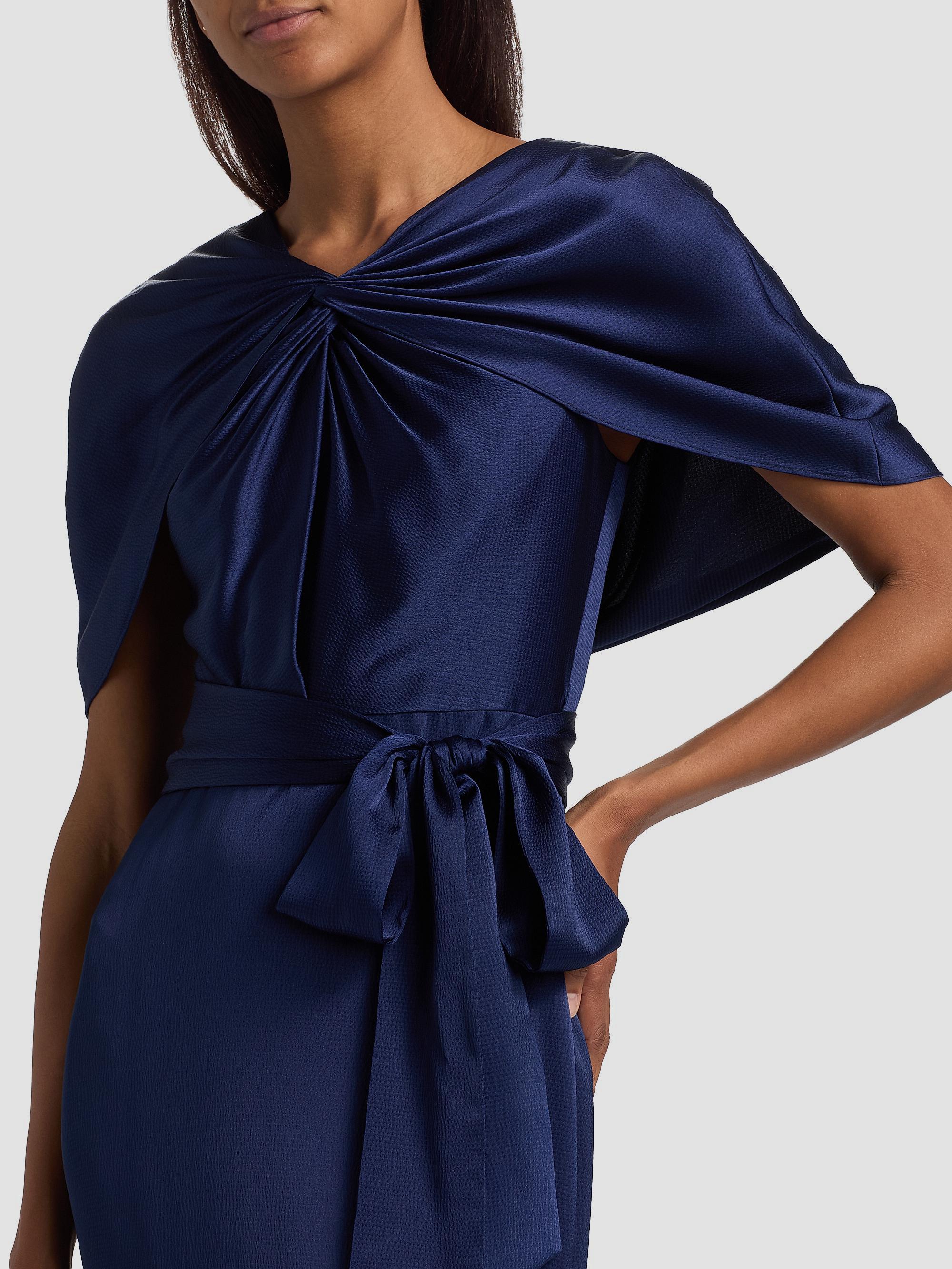 Badgley Mischka Women's Hammered Satin Cape Sleeve Gown - Navy | Thumbnail 6