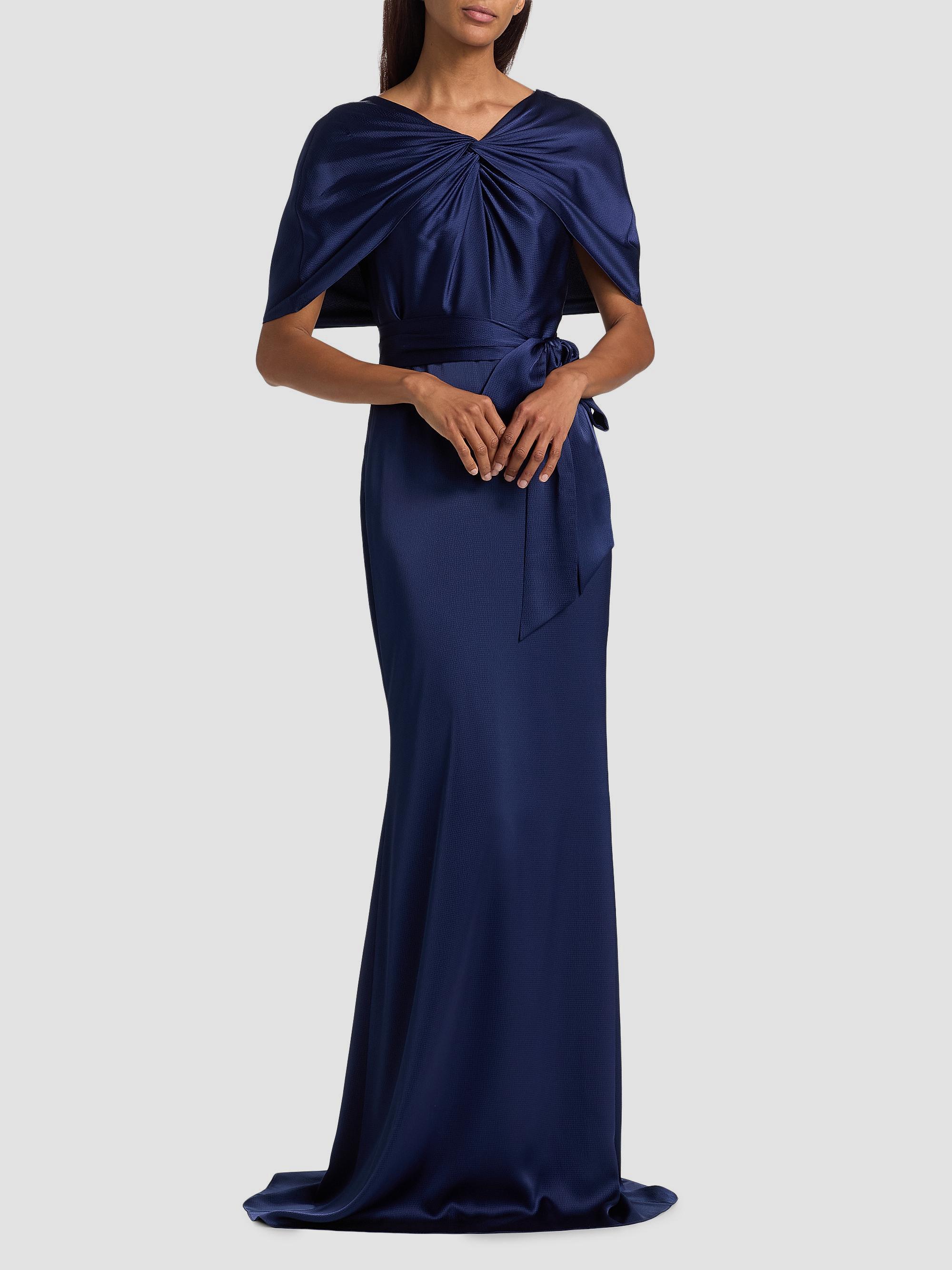 Badgley Mischka Women's Hammered Satin Cape Sleeve Gown - Navy | Thumbnail 2