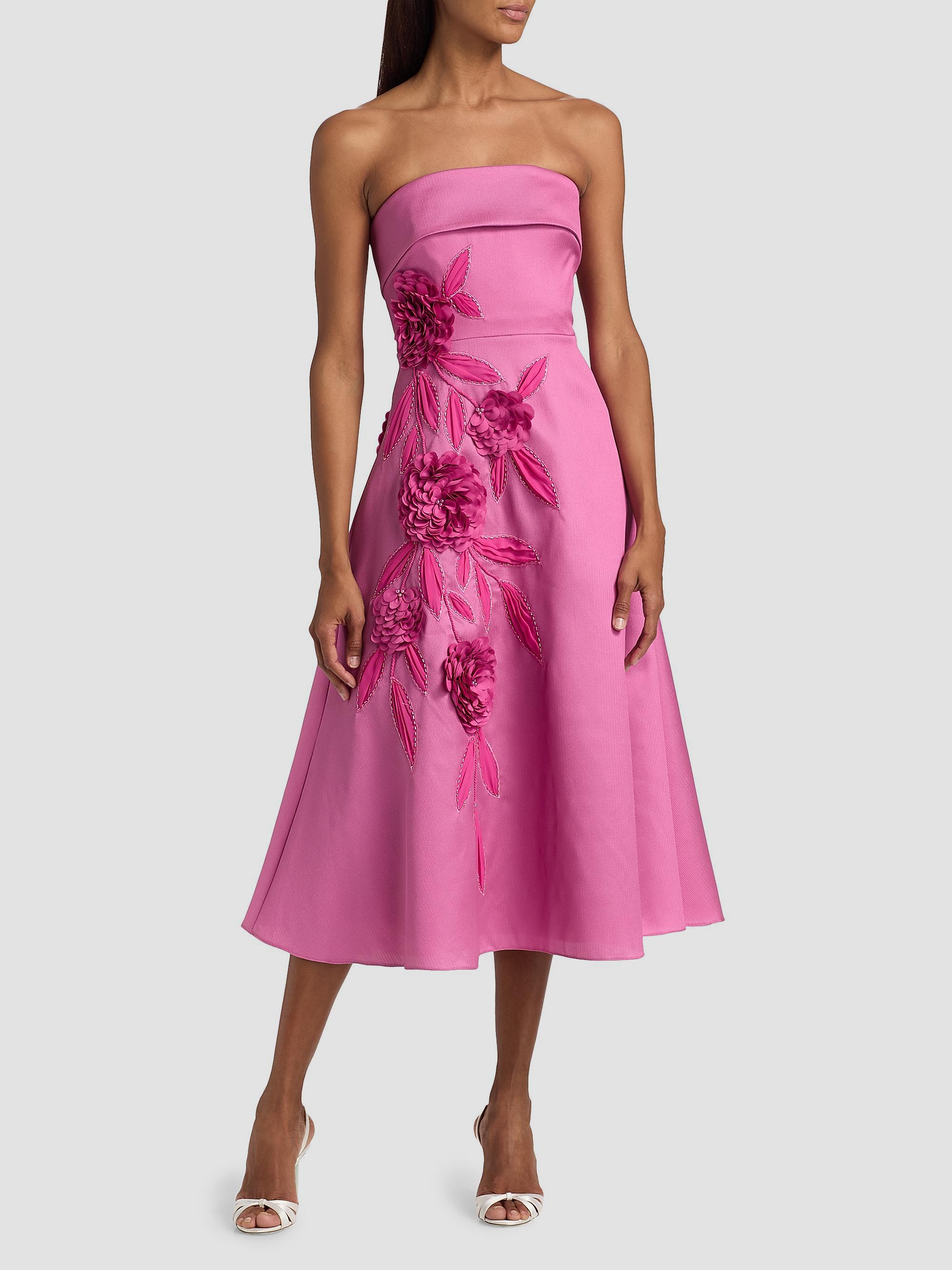 Floral Appliqué Strapless Midi Dress