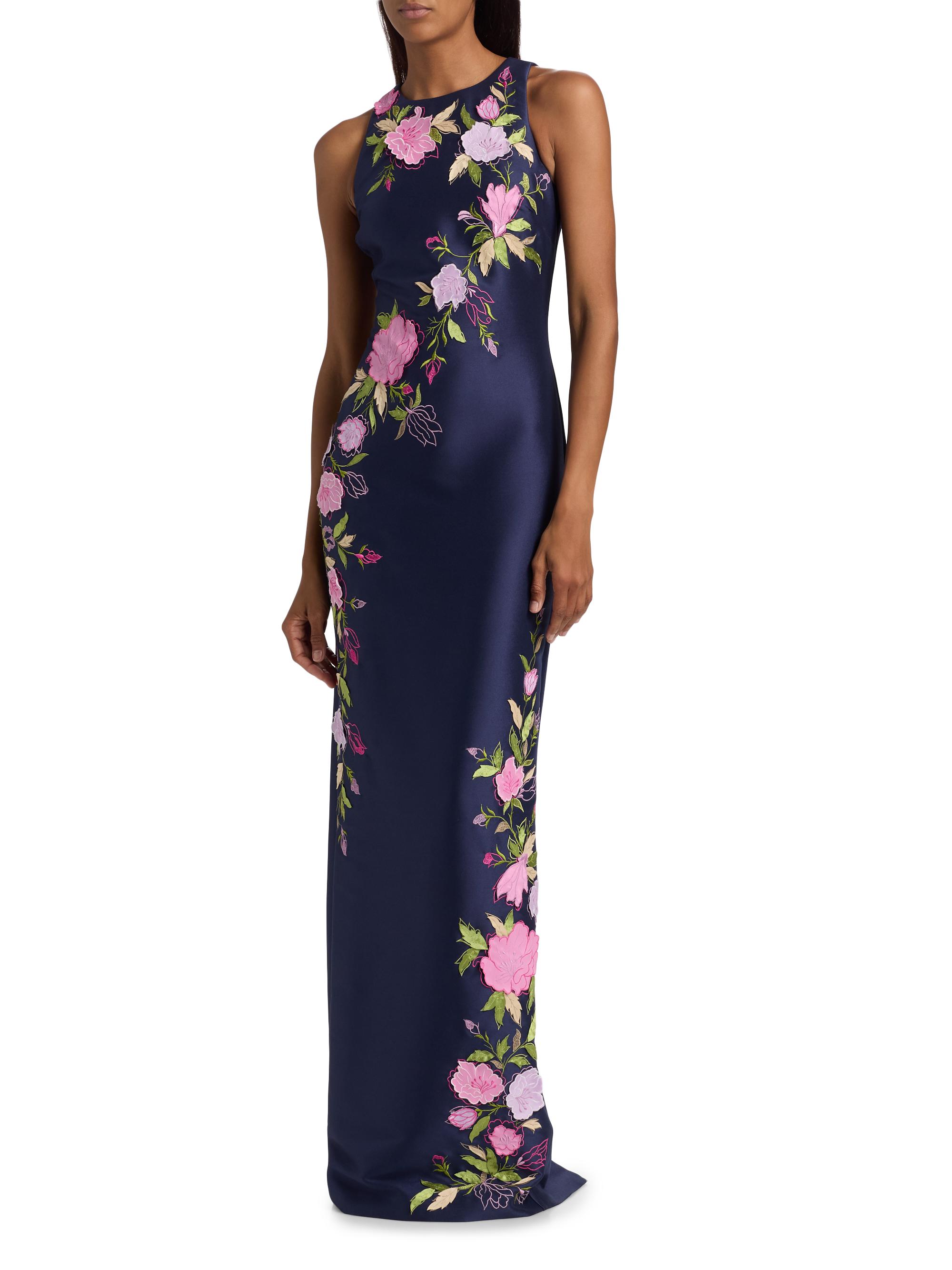 Badgley Mischka Women's Floral Stretch Mikado Column Gown - Navy | Thumbnail 3