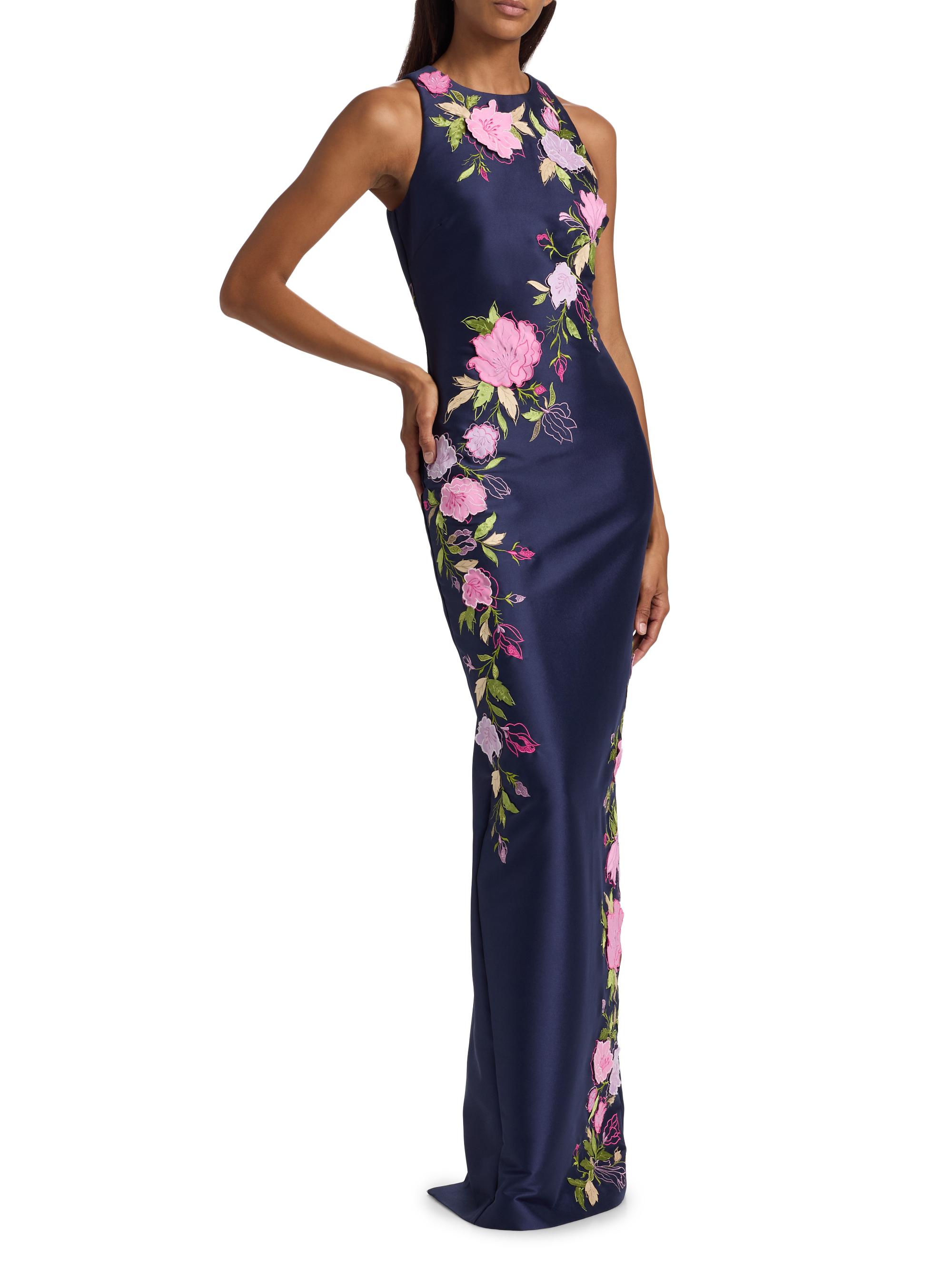 Badgley Mischka Women's Floral Stretch Mikado Column Gown - Navy | Thumbnail 4