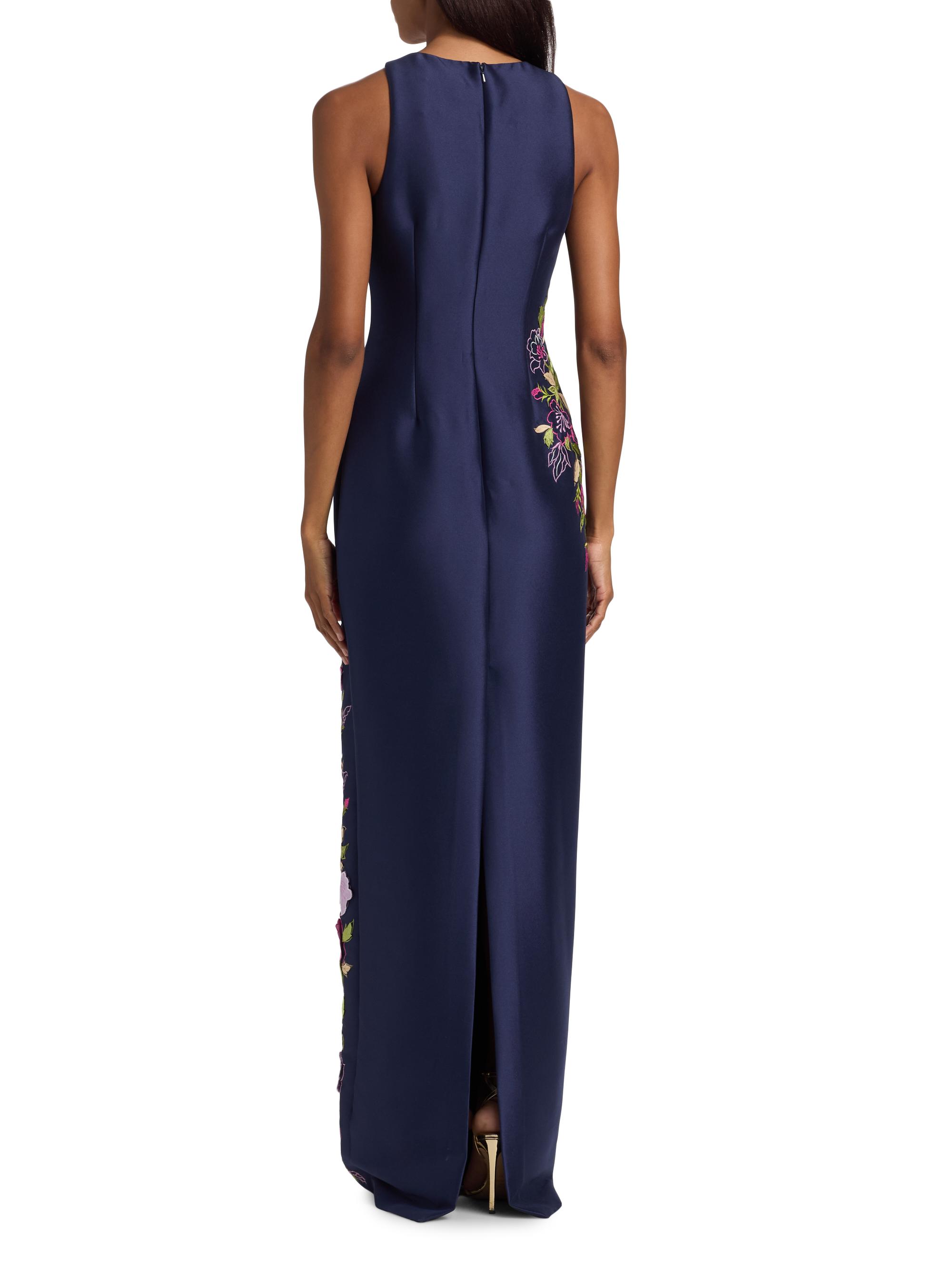 Badgley Mischka Women's Floral Stretch Mikado Column Gown - Navy | Thumbnail 5