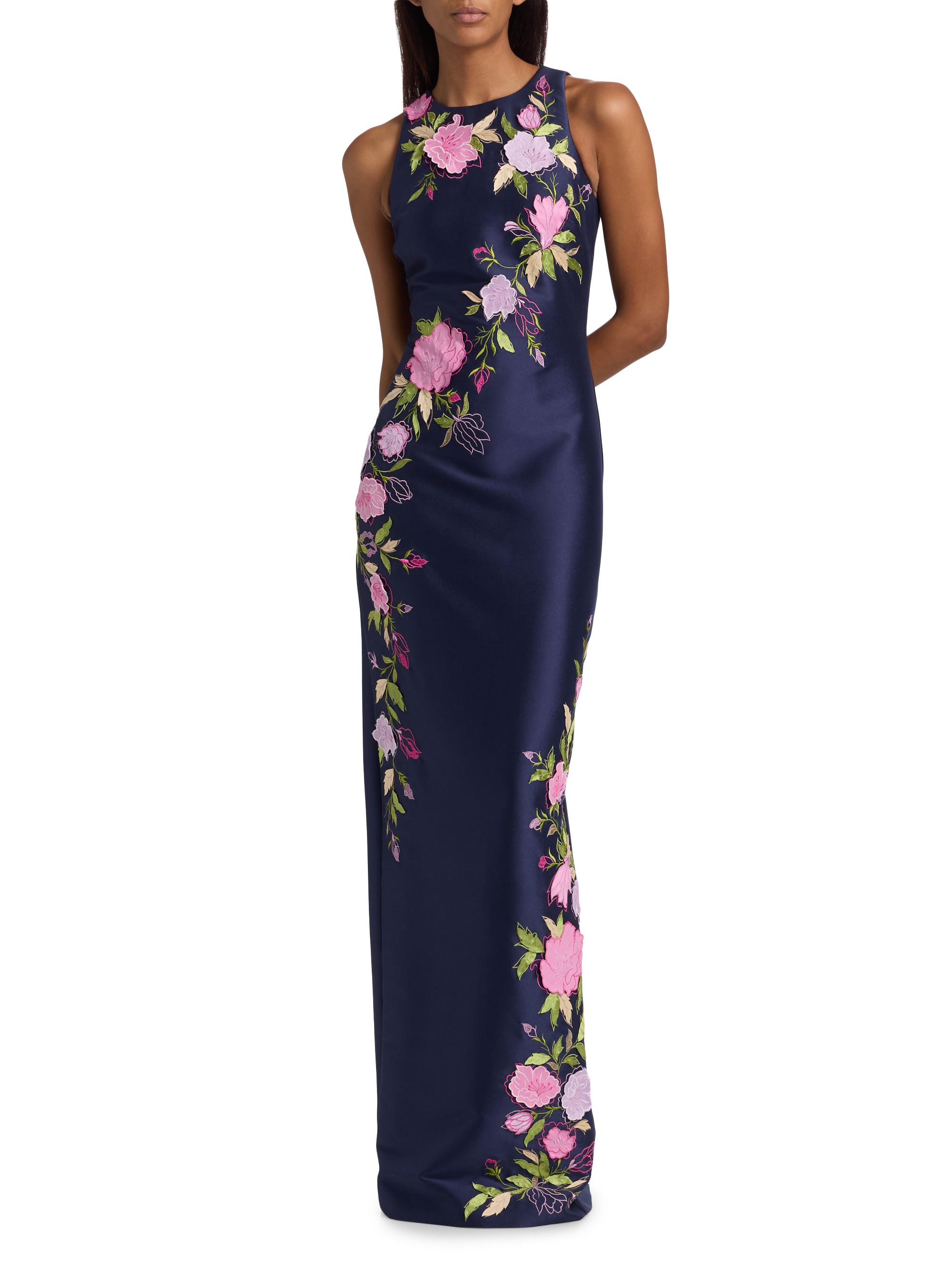 Badgley Mischka Women's Floral Stretch Mikado Column Gown - Navy | Thumbnail 2