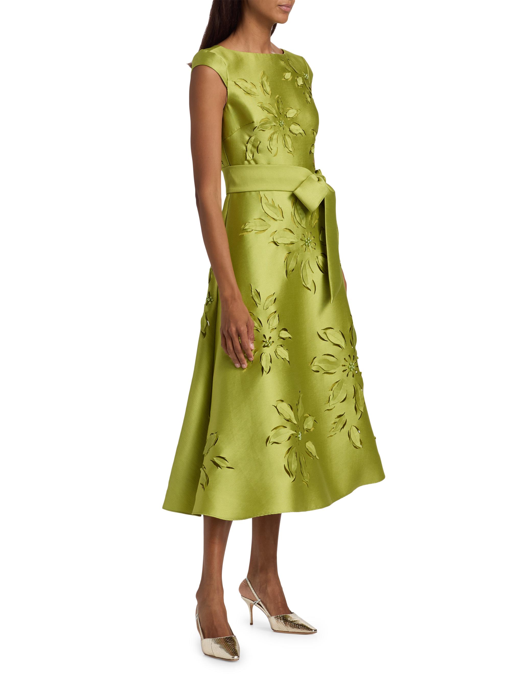 Lasercut Floral Tie Waist Midi-Dress