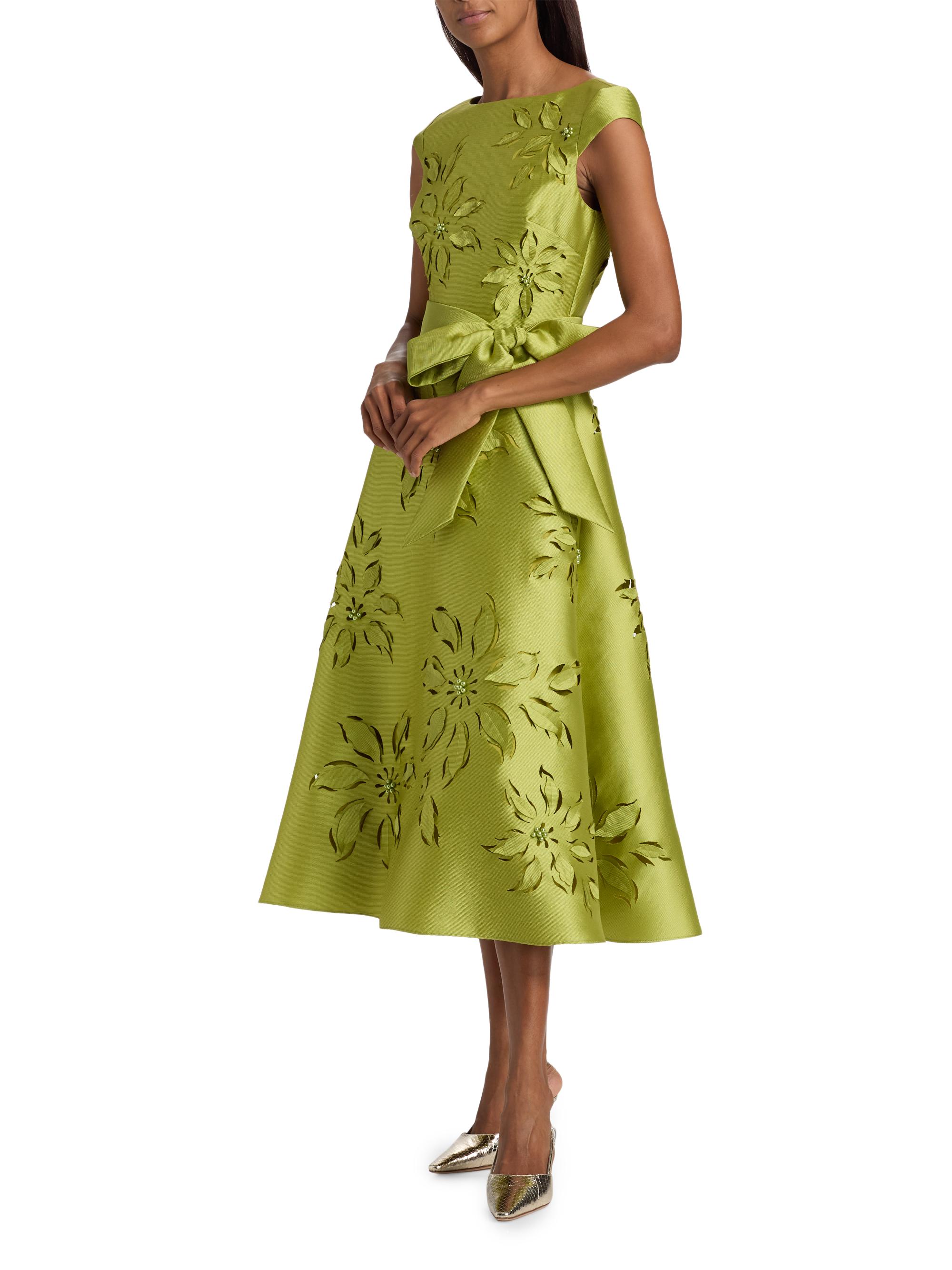 Lasercut Floral Tie Waist Midi-Dress