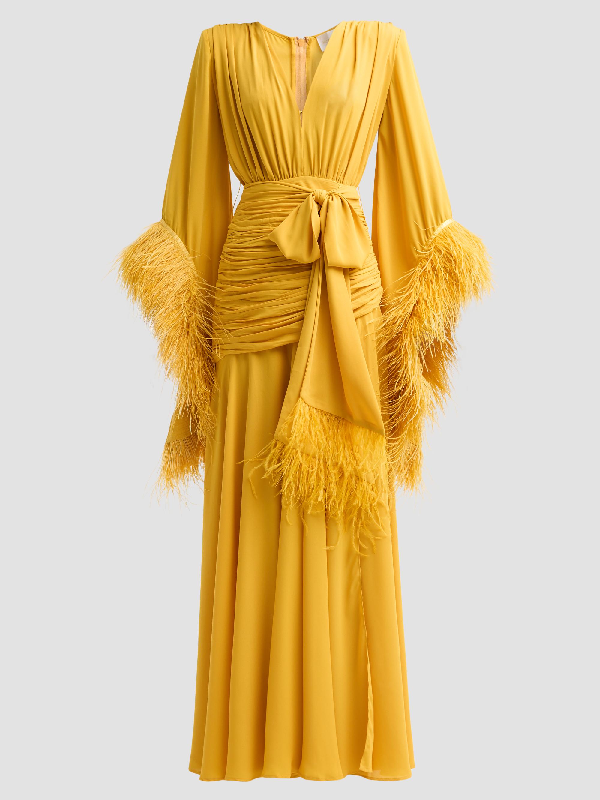 Bronx Banco Women's Geisha Ruched Feather-Trimmed Maxi Dress - Mustard | Thumbnail 6