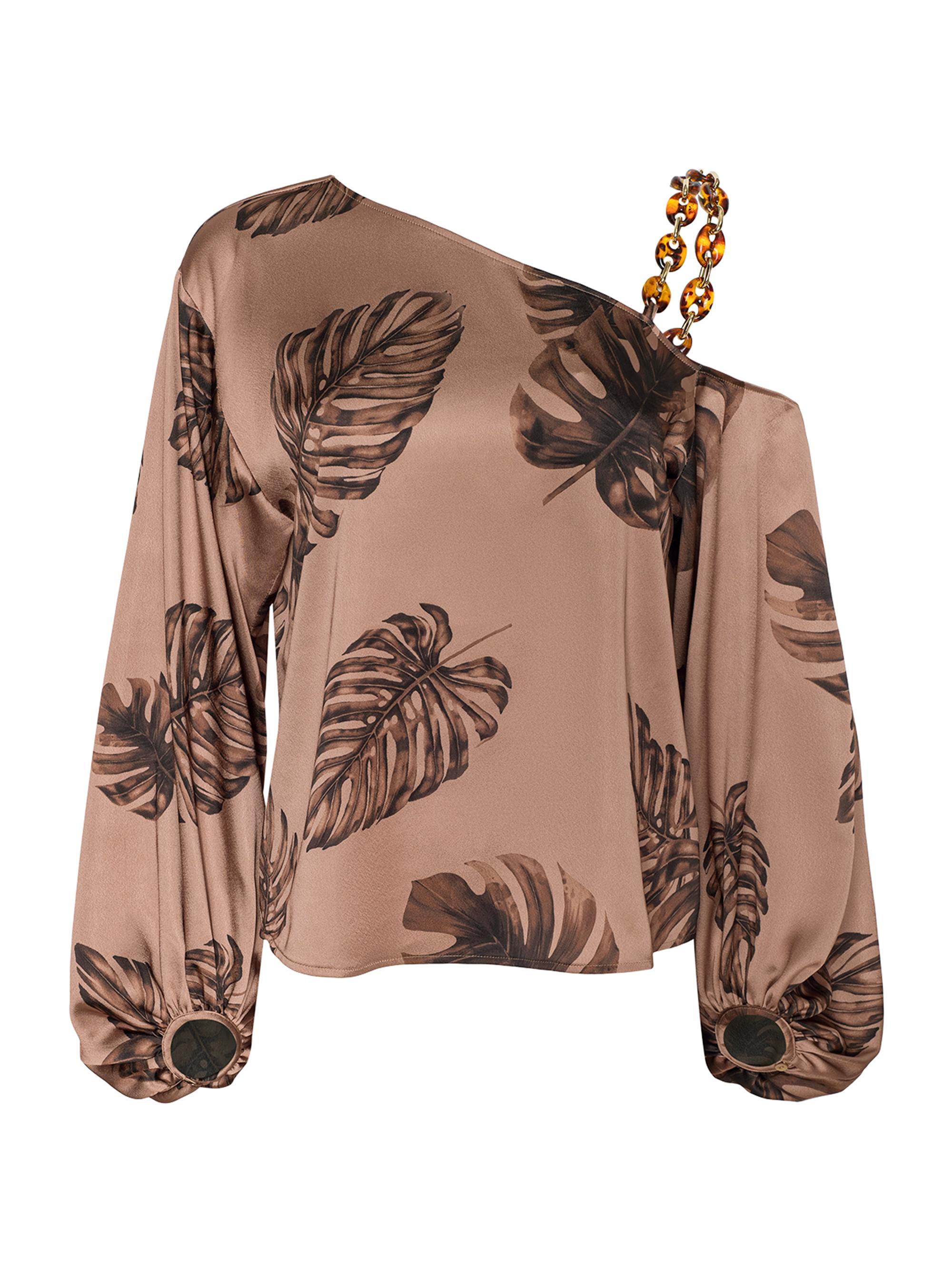 L'AGENCE Women's Asami Printed Chain-Shoulder Satin Blouse - Hazelnut Multi Large