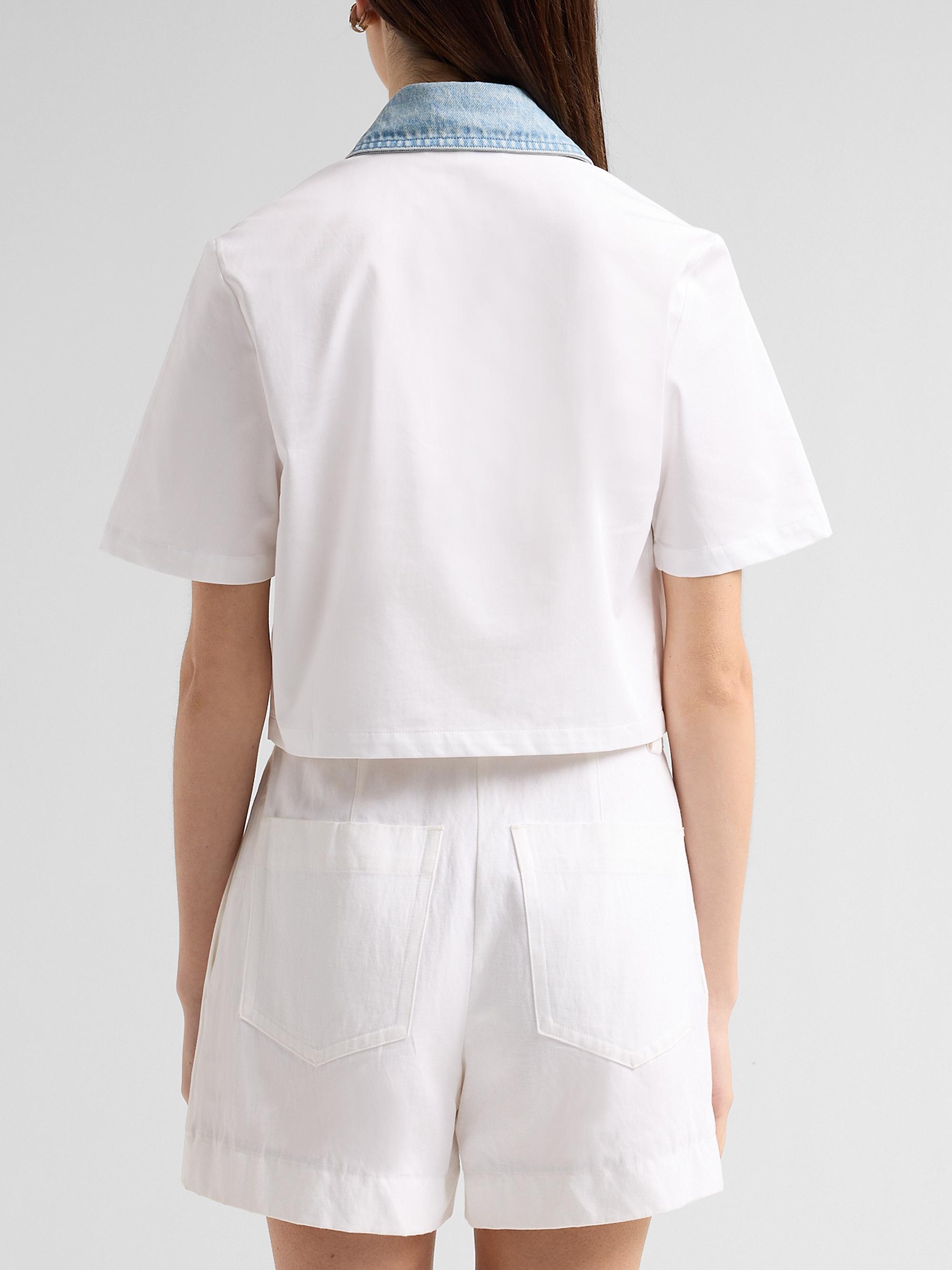 SEROYA Women's Kelsie Denim-Trim Stretch Cotton Crop Top - White Coastline | Thumbnail 3