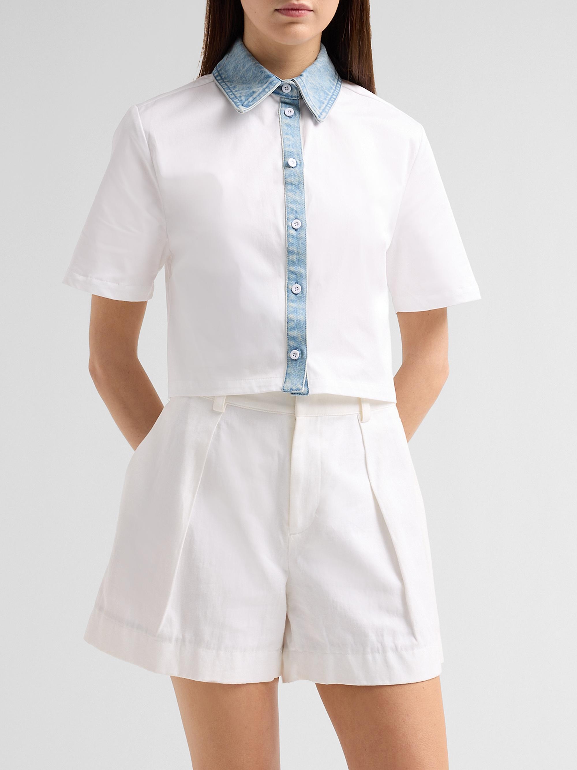 SEROYA Women's Kelsie Denim-Trim Stretch Cotton Crop Top - White Coastline | Thumbnail 4
