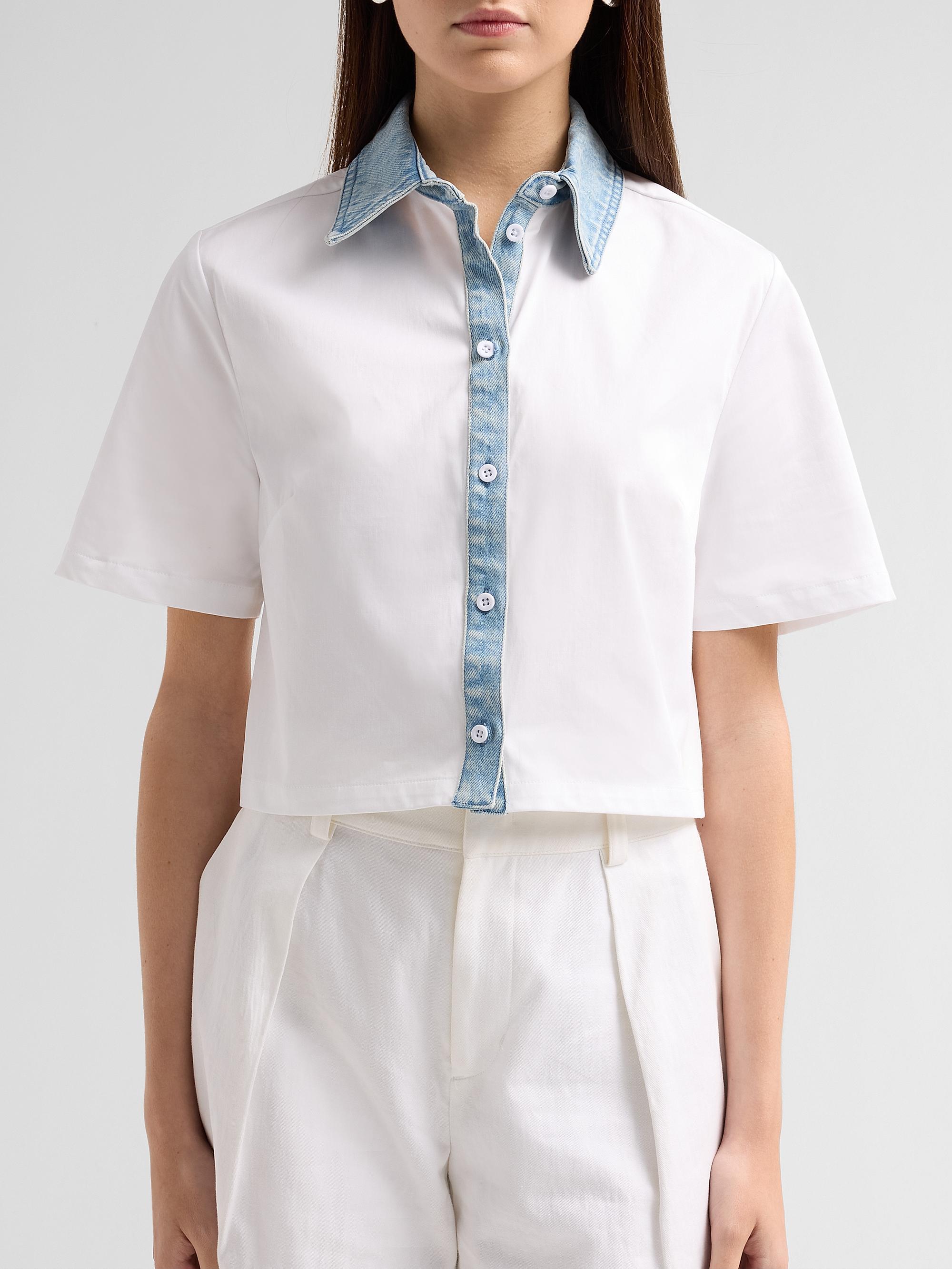 SEROYA Women's Kelsie Denim-Trim Stretch Cotton Crop Top - White Coastline | Thumbnail 5