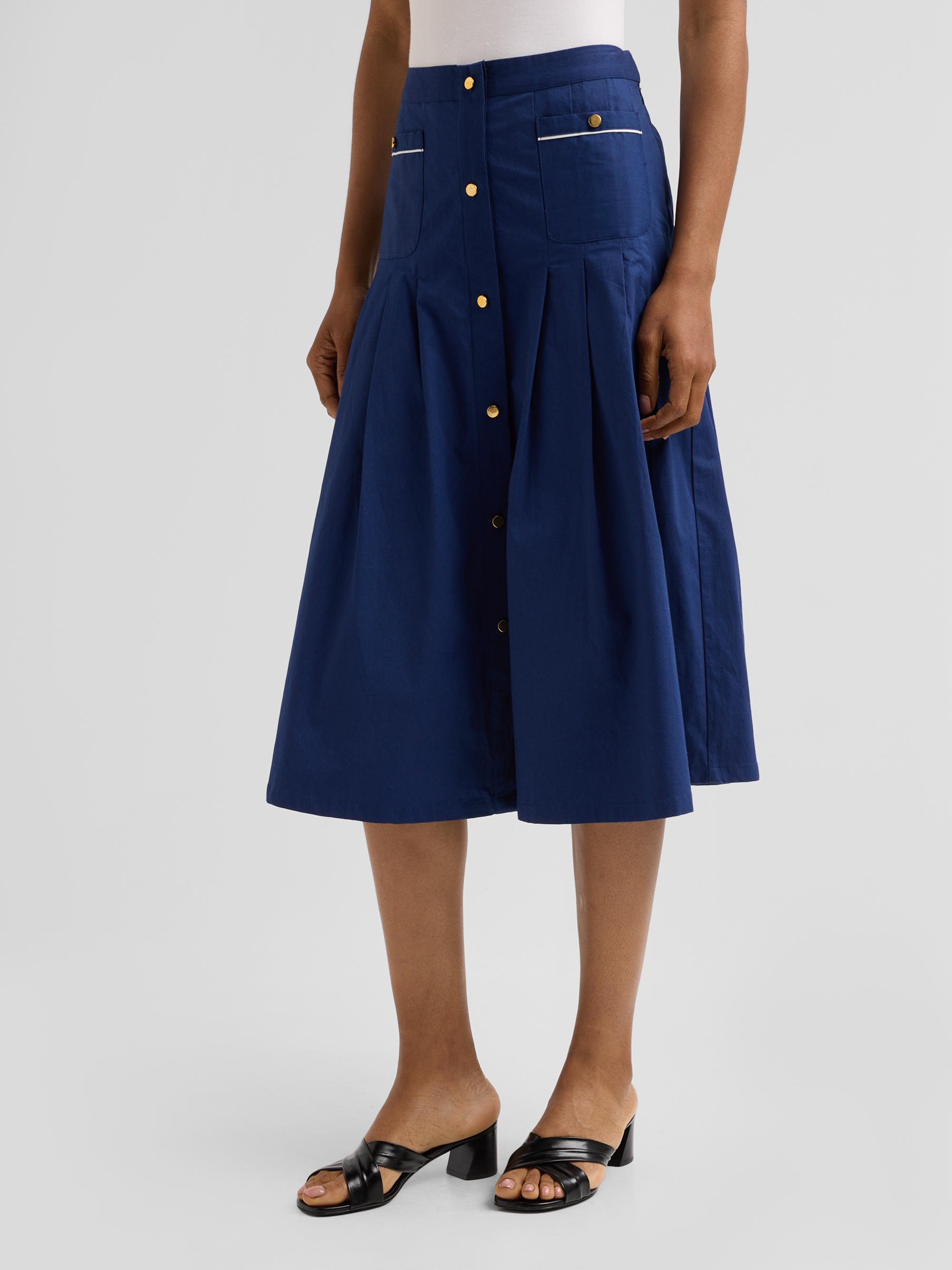 SEROYA Women's Yumi Pleated A-Line Midi Skirt - Admiral Blue | Thumbnail 4