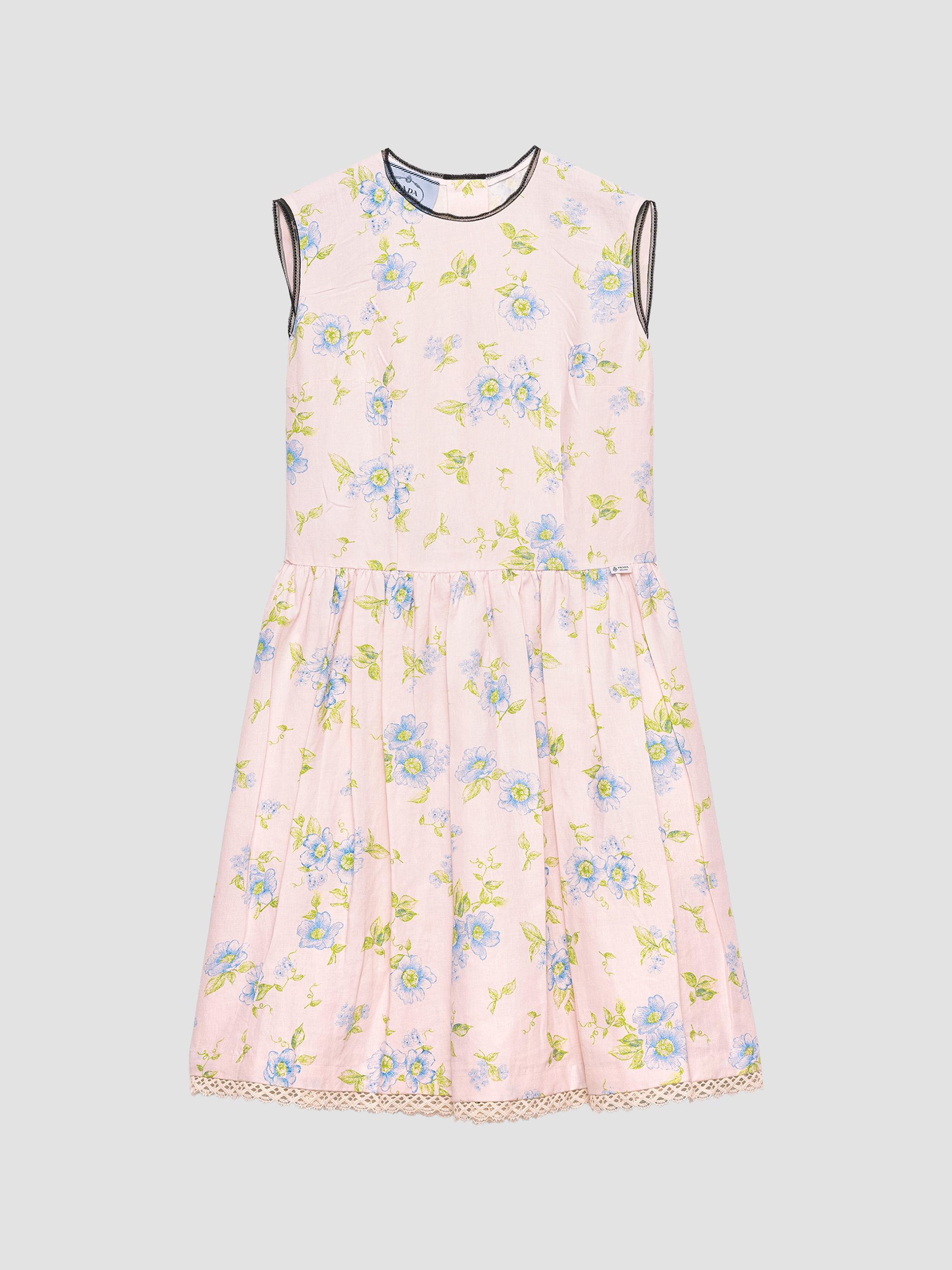 Prada Women's Pleated Floral Print Linen Dress - Pink | Thumbnail 8