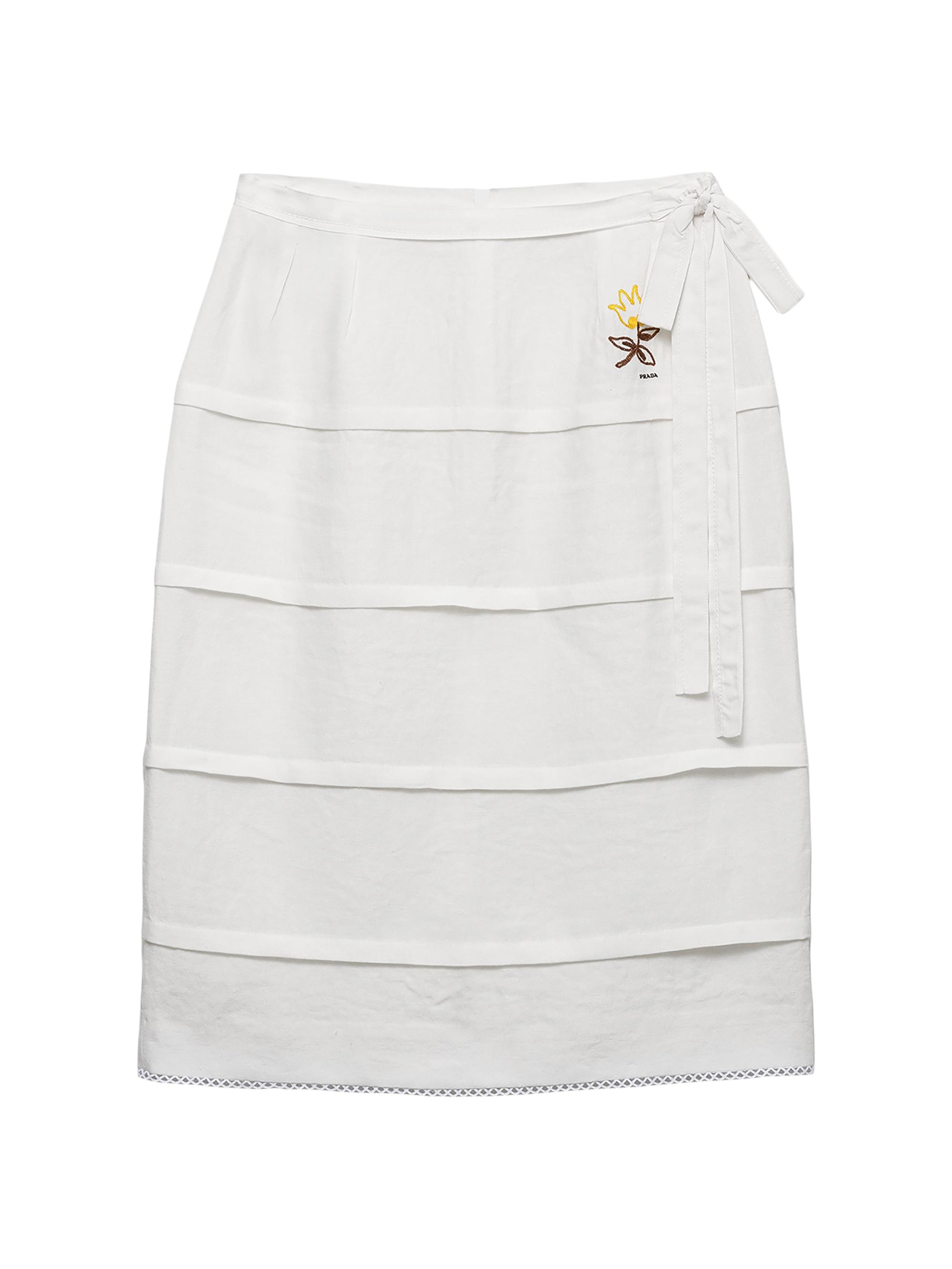 Prada Women's Embroidered Slubbed Linen Skirt - White