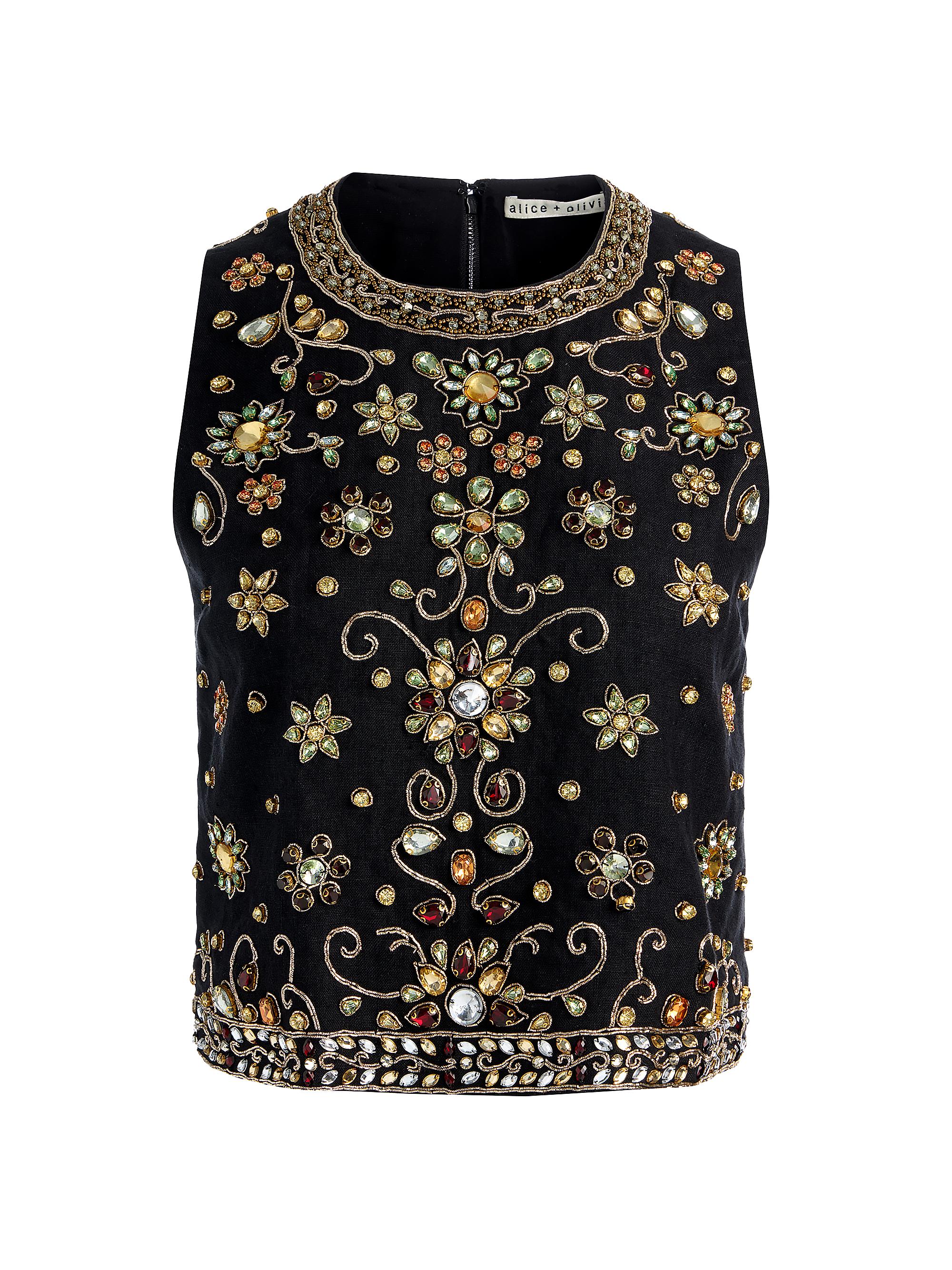 ALICE + OLIVIA Women's Amal Embellished Linen Boxy Sleeveless Top - Black Multi