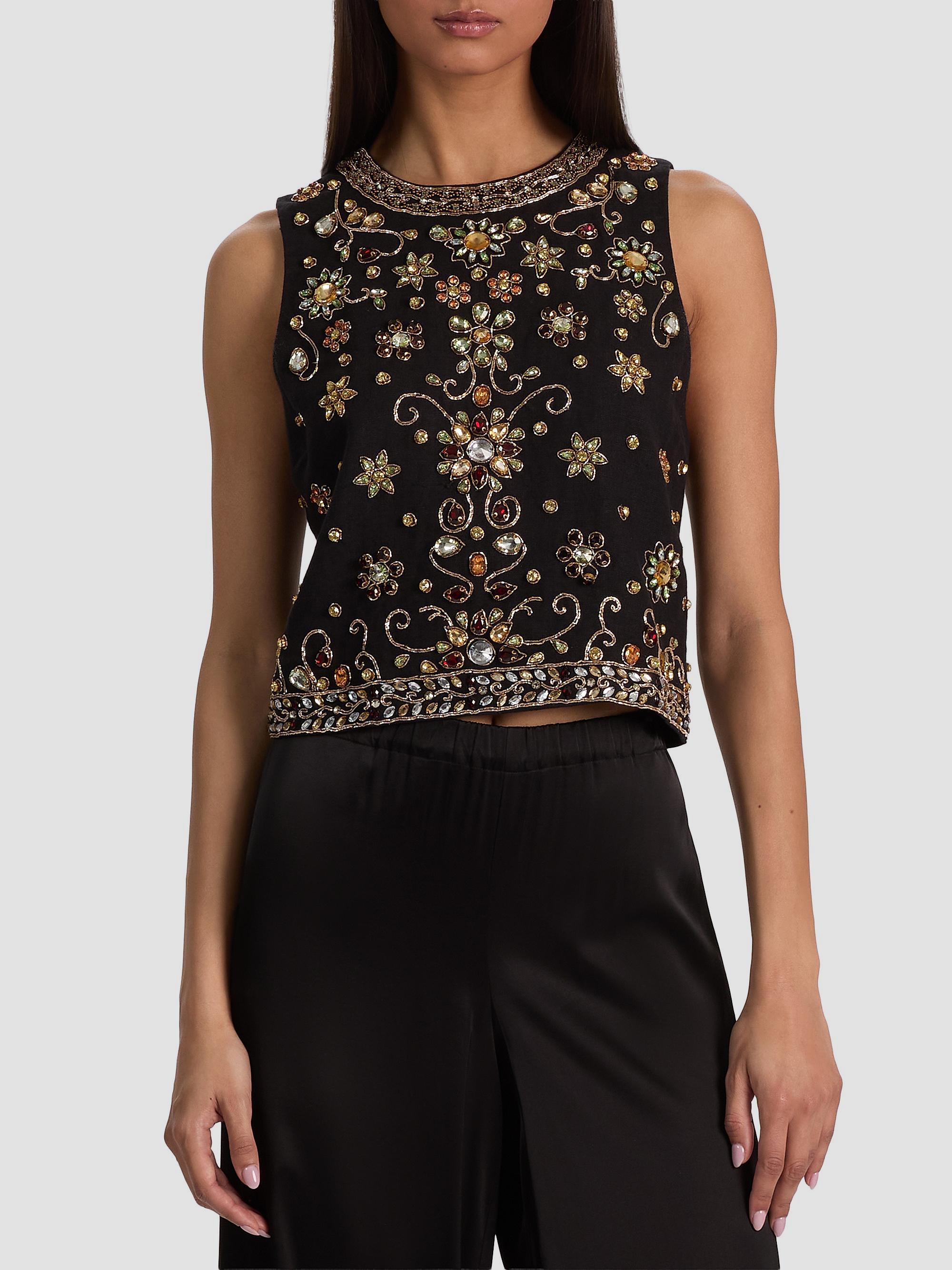 ALICE + OLIVIA Amal Embellished Linen Boxy Sleeveless Top | Saks