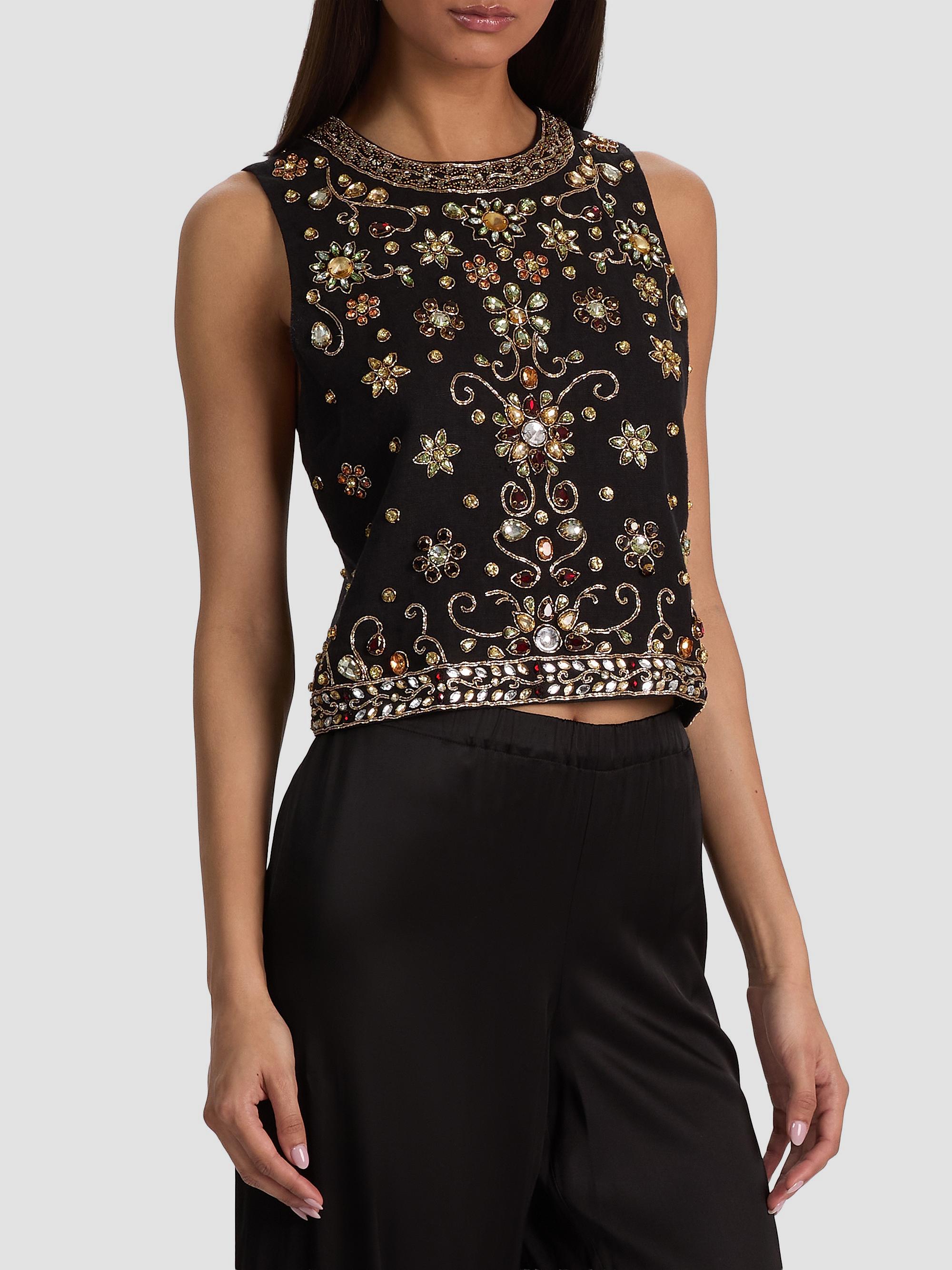 ALICE + OLIVIA Amal Embellished Linen Boxy Sleeveless Top | Saks