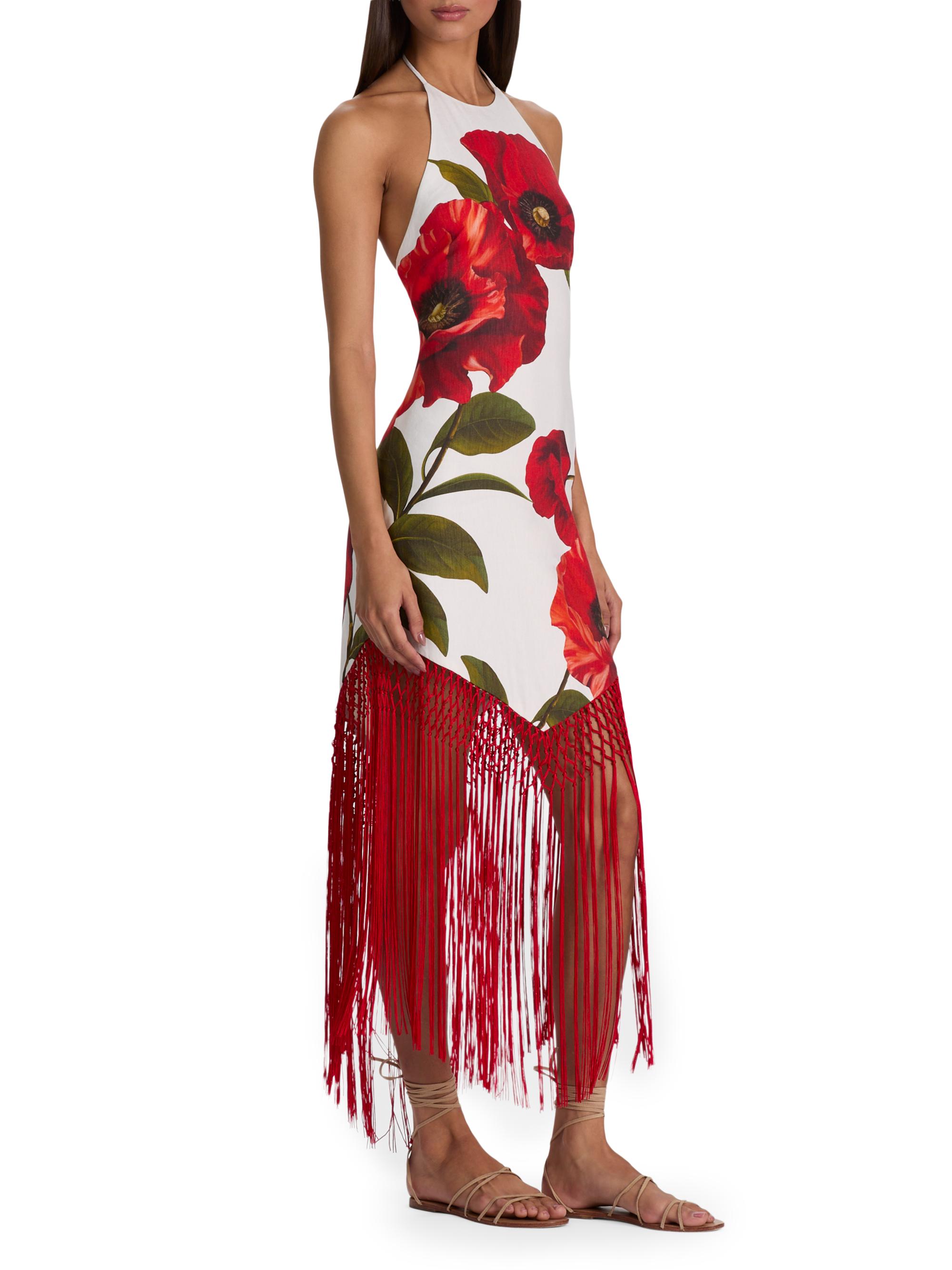 ALICE + OLIVIA Women's Mallory Floral Fringe-Hem Midi-Dress - Summer Poppy | Thumbnail 3