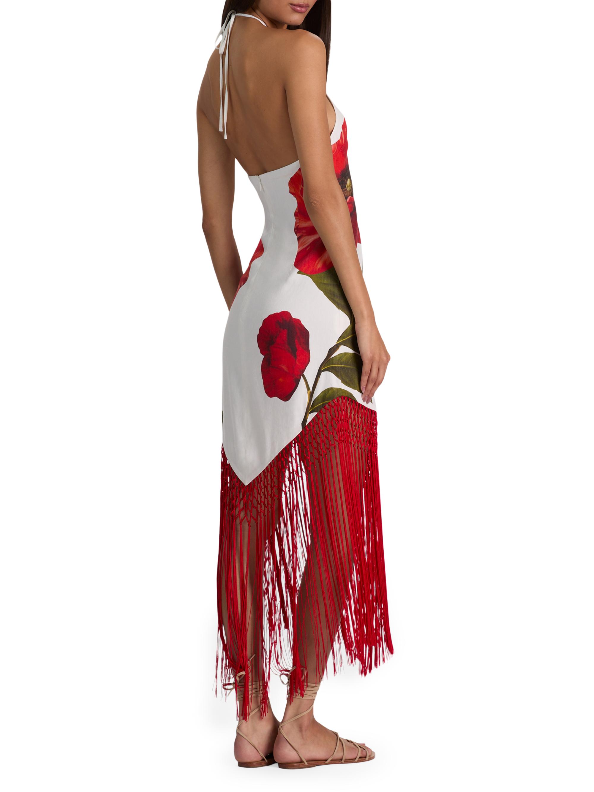 ALICE + OLIVIA Women's Mallory Floral Fringe-Hem Midi-Dress - Summer Poppy | Thumbnail 4