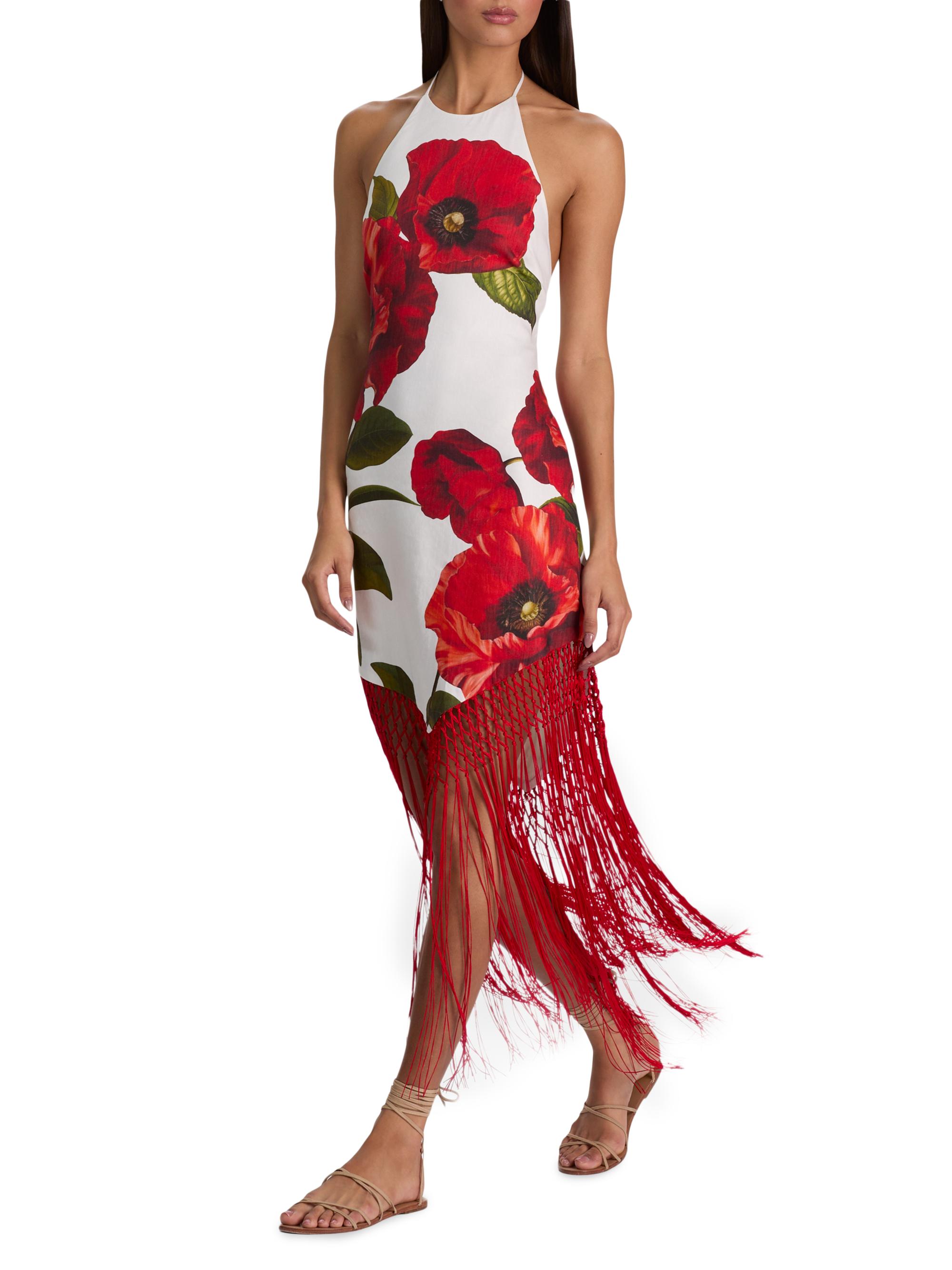 ALICE + OLIVIA Women's Mallory Floral Fringe-Hem Midi-Dress - Summer Poppy | Thumbnail 5