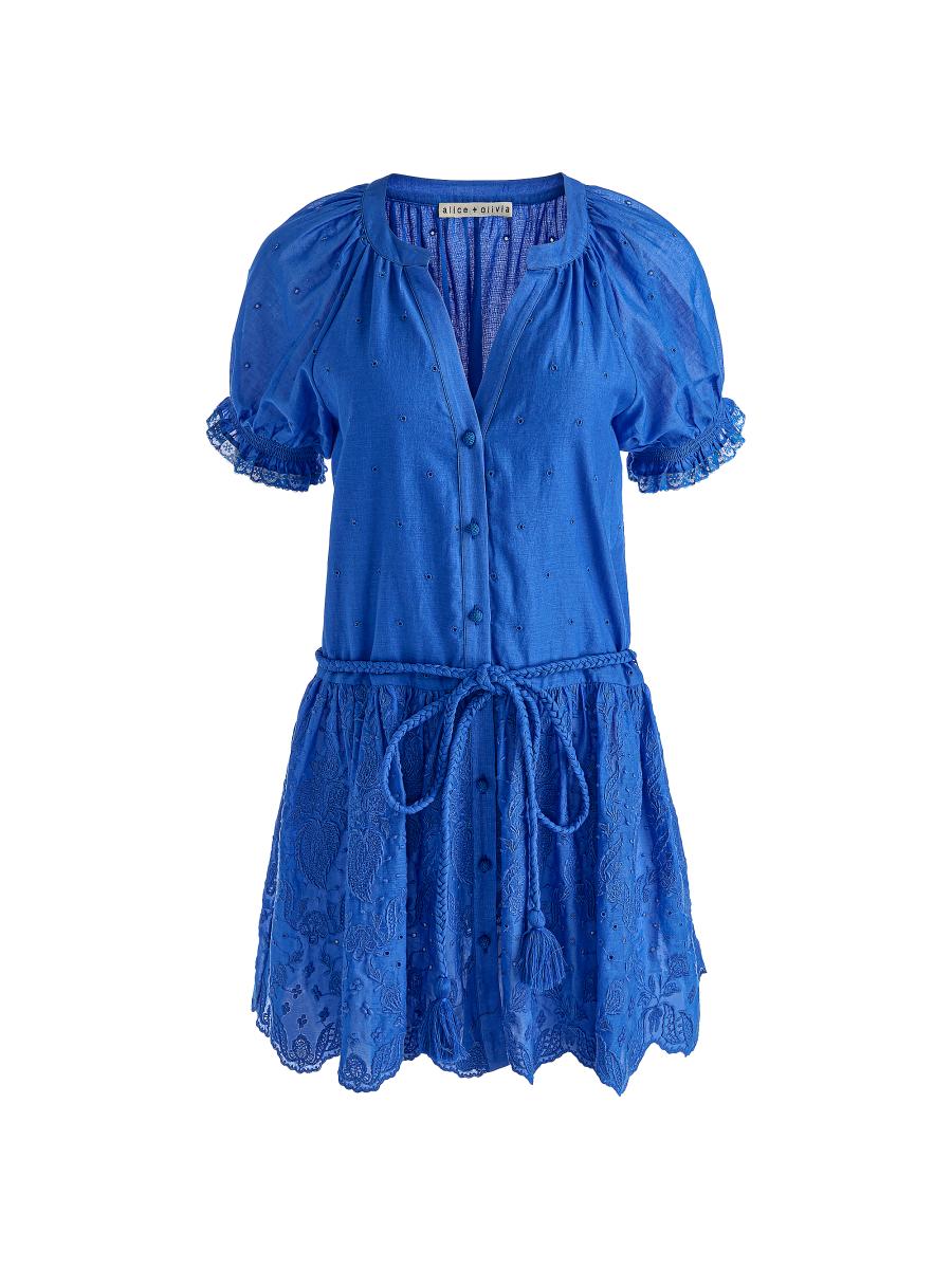 ALICE + OLIVIA Thalia Tie-Waist Eyelet Cotton A-Line Minidress