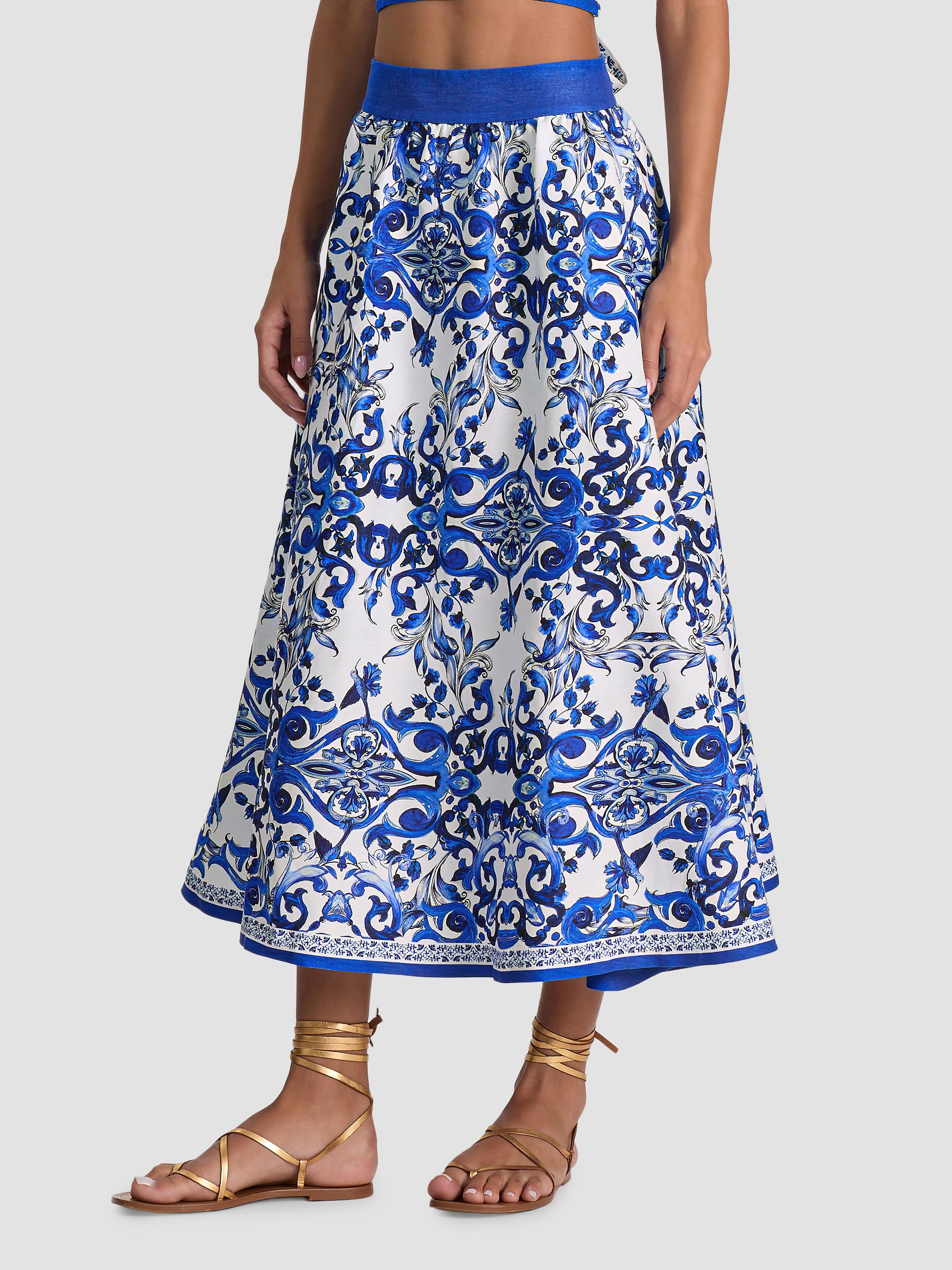 ALICE + OLIVIA Earla Majolica Linen-Blend A-Line Midi Skirt | Saks