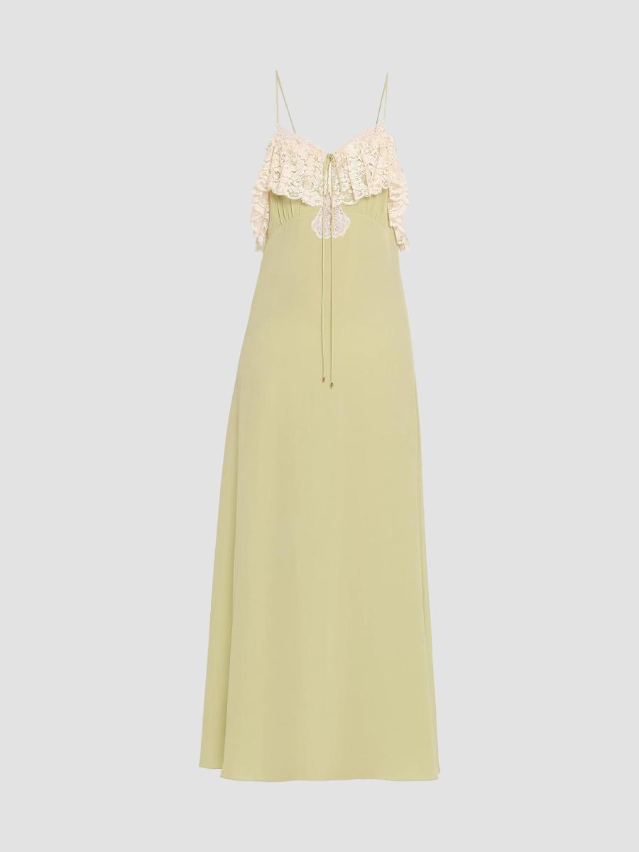 Chloé Chloe Lace-trim Silk-georgette Maxi Dress In Dusty Green