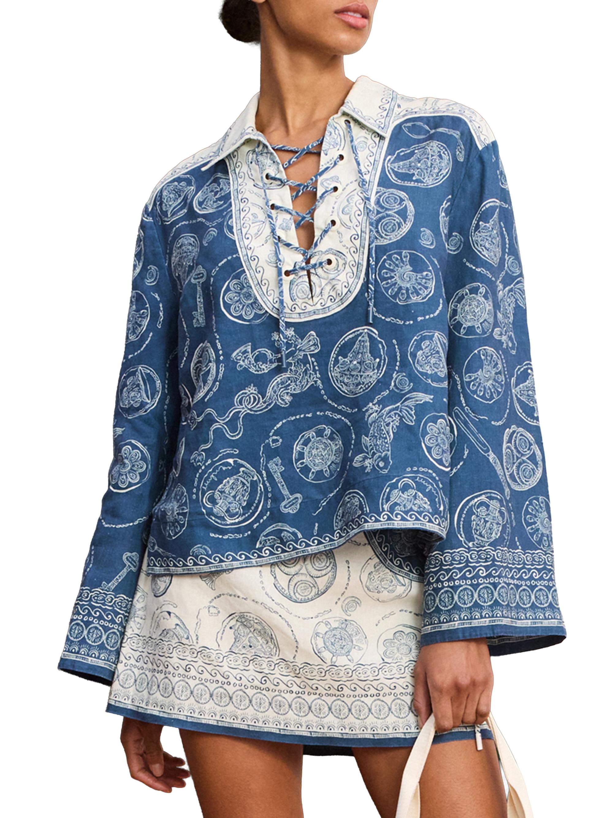 ALÉMAIS Women's Lucky Linen Lace-Up Top - Blue | Thumbnail 3