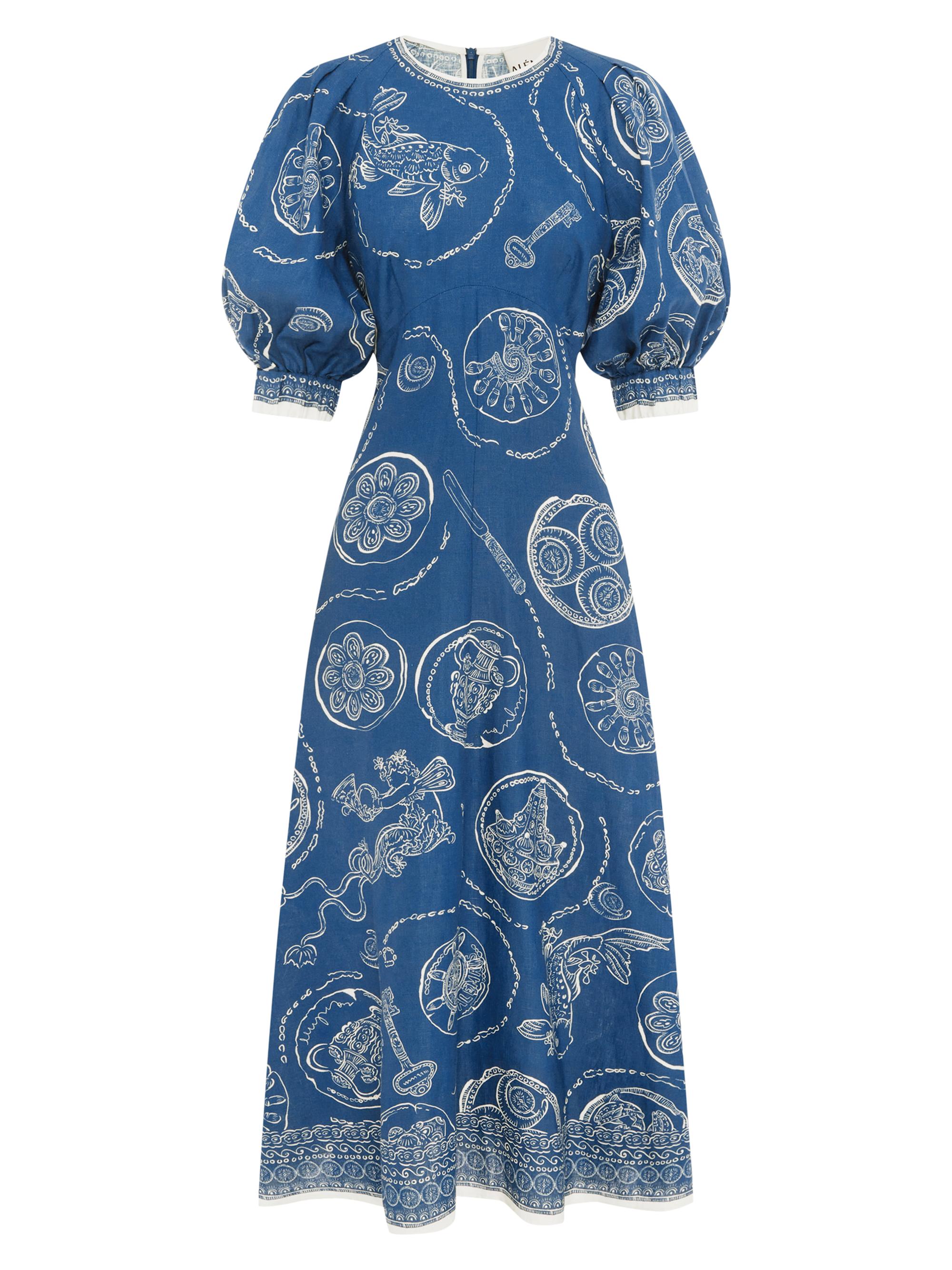short sleeve midi dress with sleeves Storia Blue Floral Puff Sleeve Midi Dress Medium