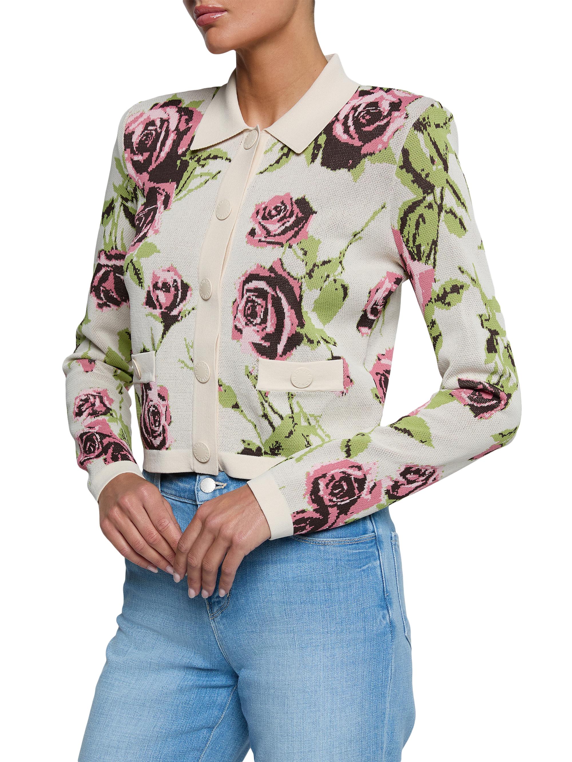 L'AGENCE Women's Osiris Jacquard Collared Cardigan - Ecru Romantic Rose | Thumbnail 3