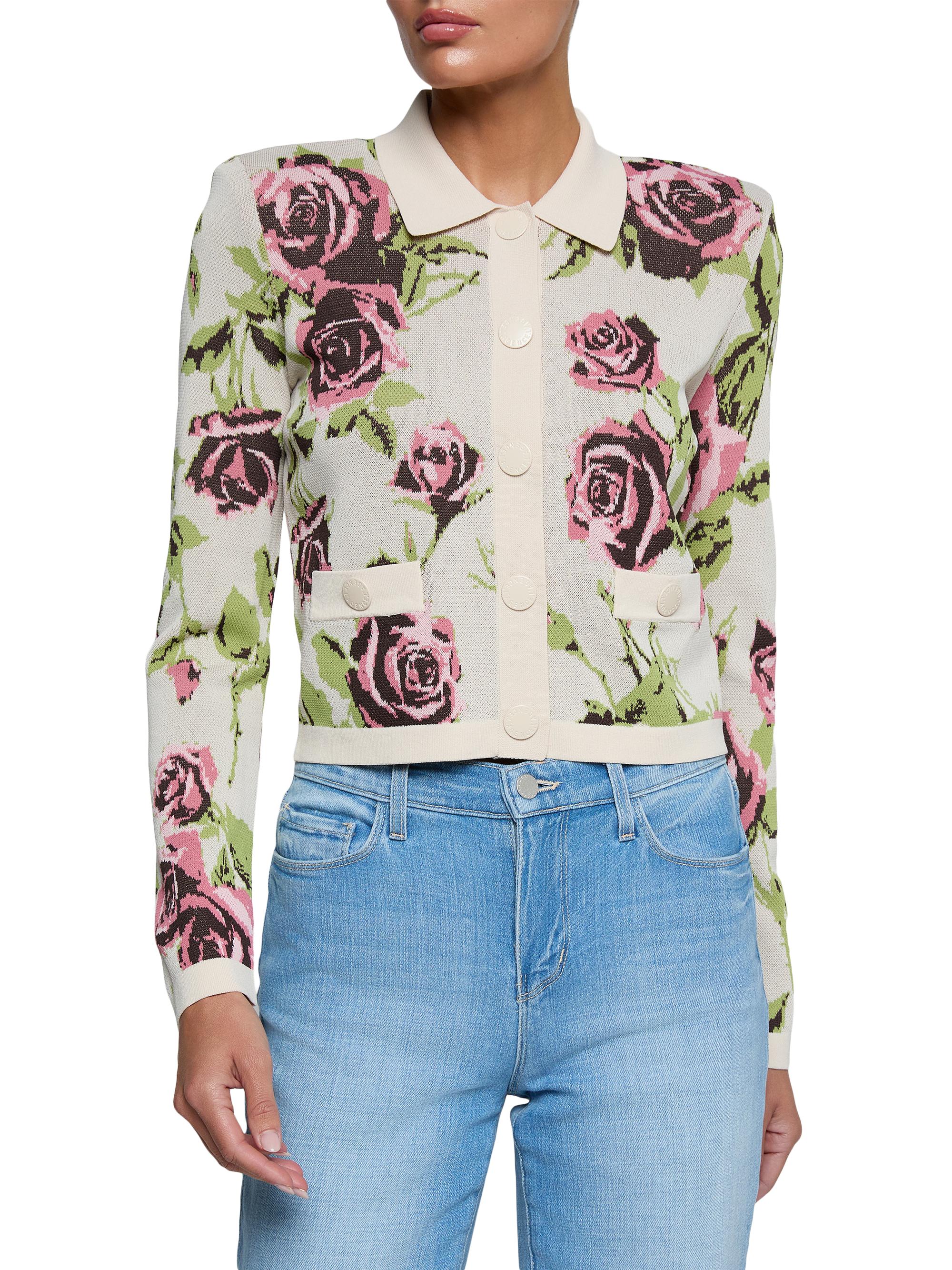 L'AGENCE Women's Osiris Jacquard Collared Cardigan - Ecru Romantic Rose | Thumbnail 4
