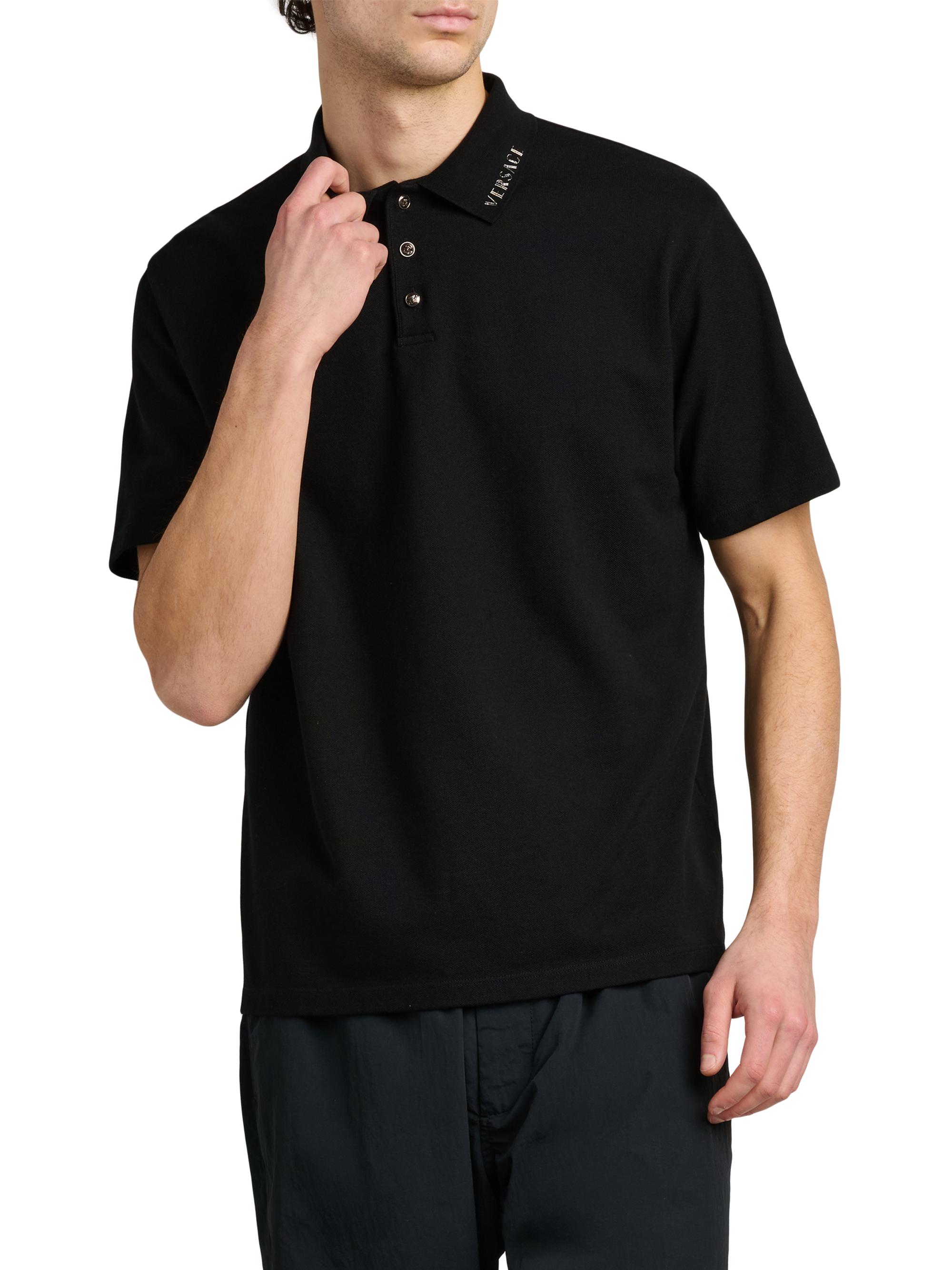 Versace Men's Piquet Medusa Buttons Cotton Polo Shirt - Black | Thumbnail 3