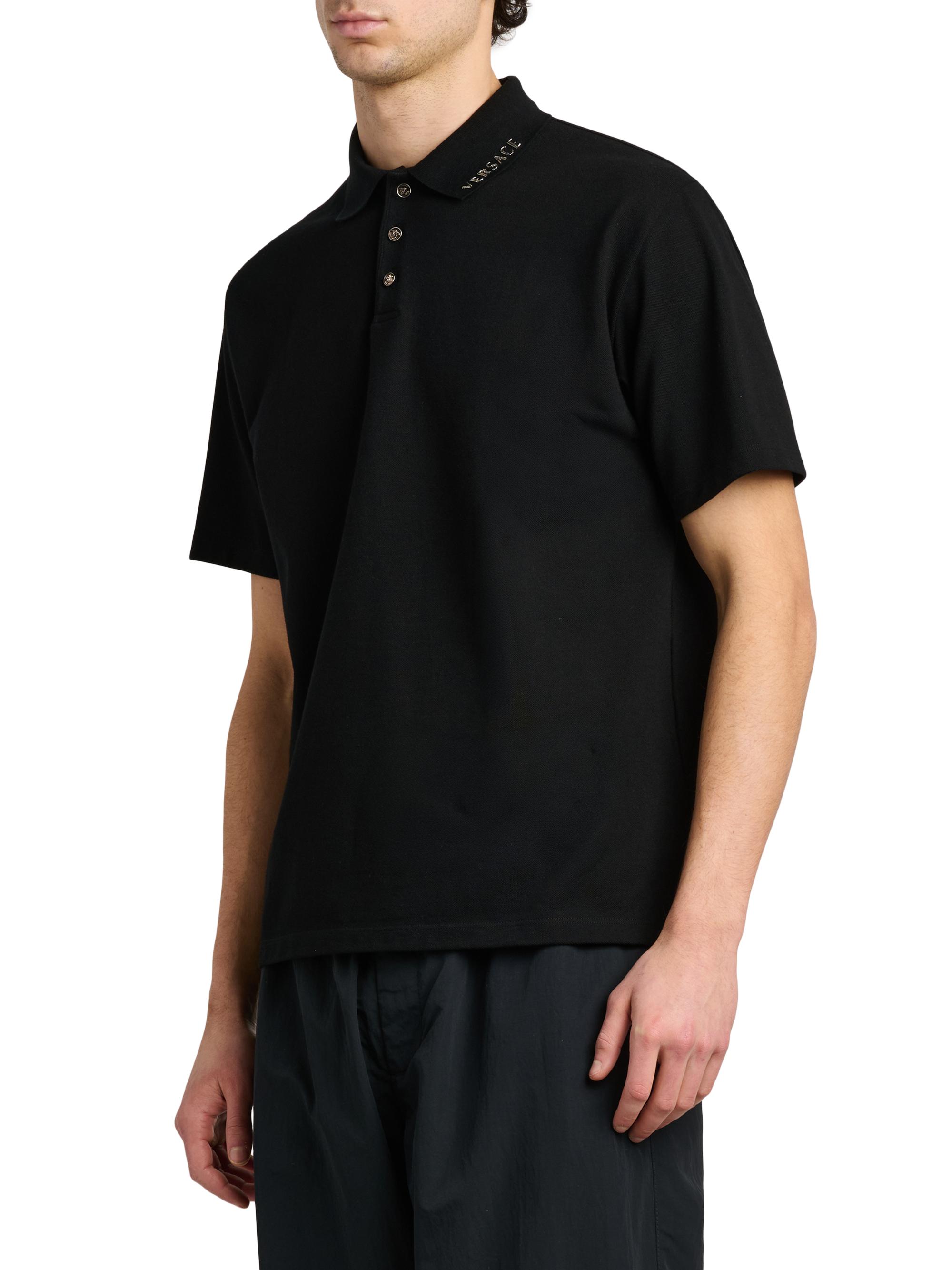 Versace Men's Piquet Medusa Buttons Cotton Polo Shirt - Black | Thumbnail 4