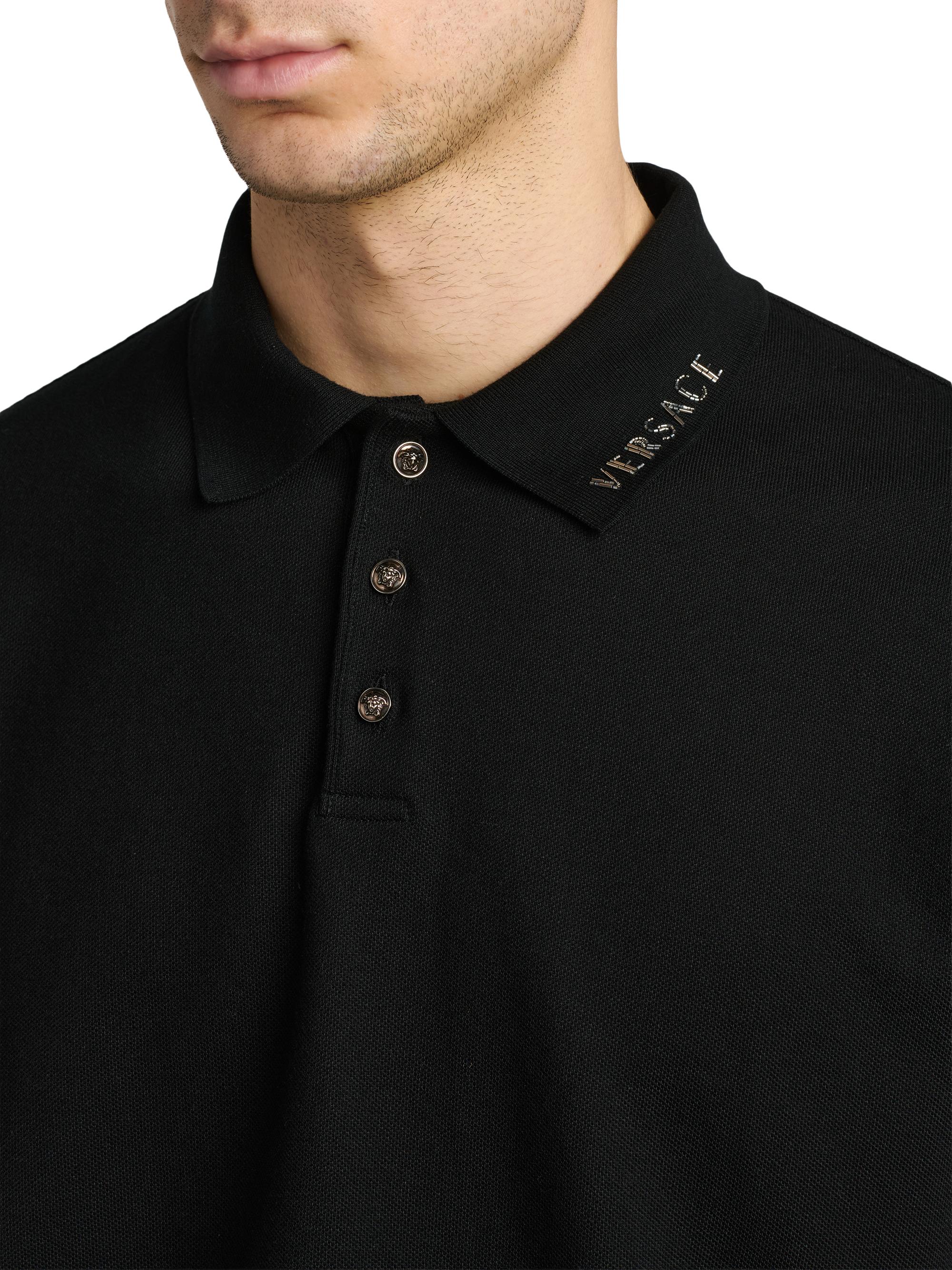 Versace Men's Piquet Medusa Buttons Cotton Polo Shirt - Black | Thumbnail 6