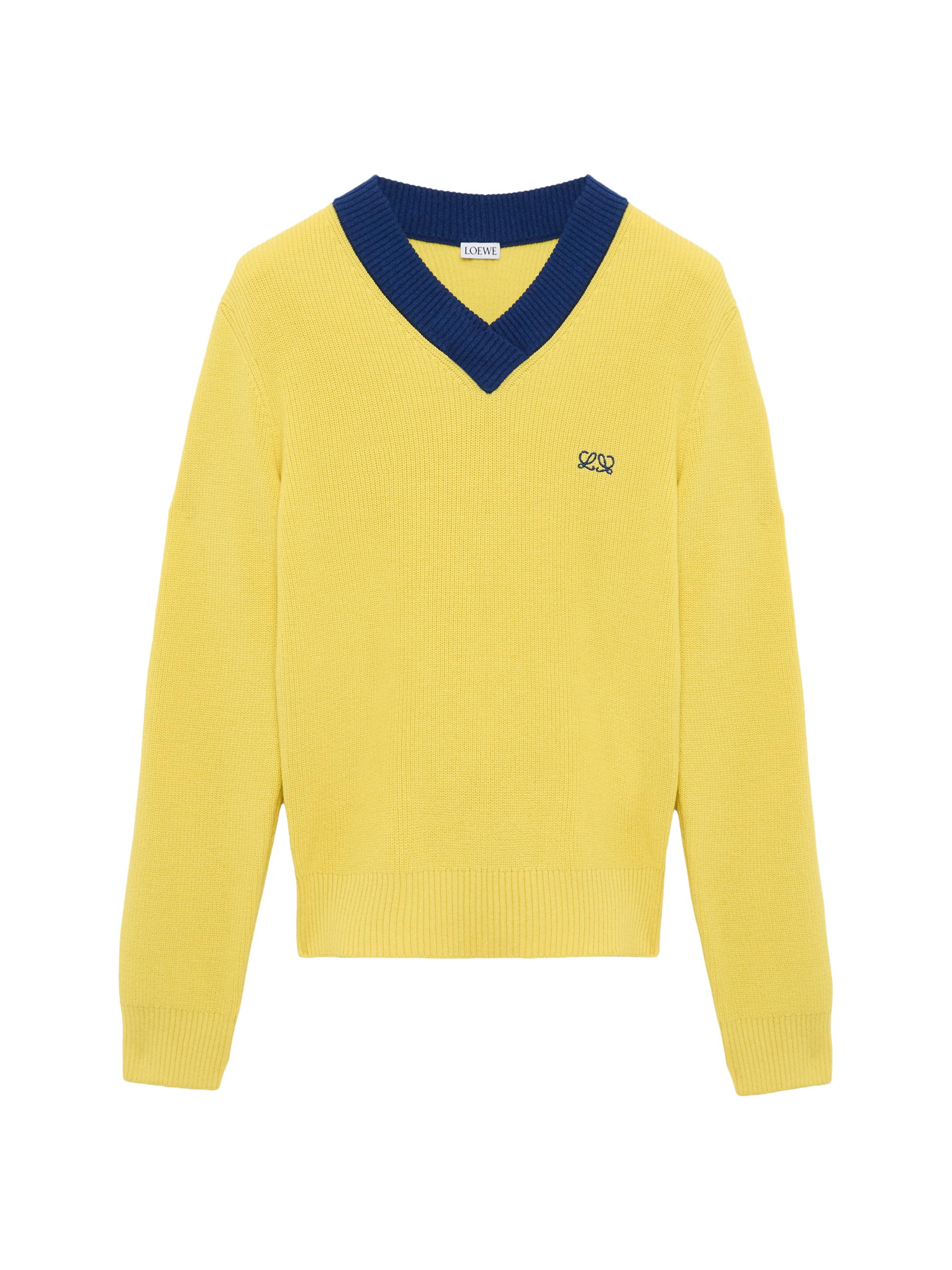 LOEWE Women's Logo Cotton & Wool-Blend V-Neck Sweater - Yellow Blue