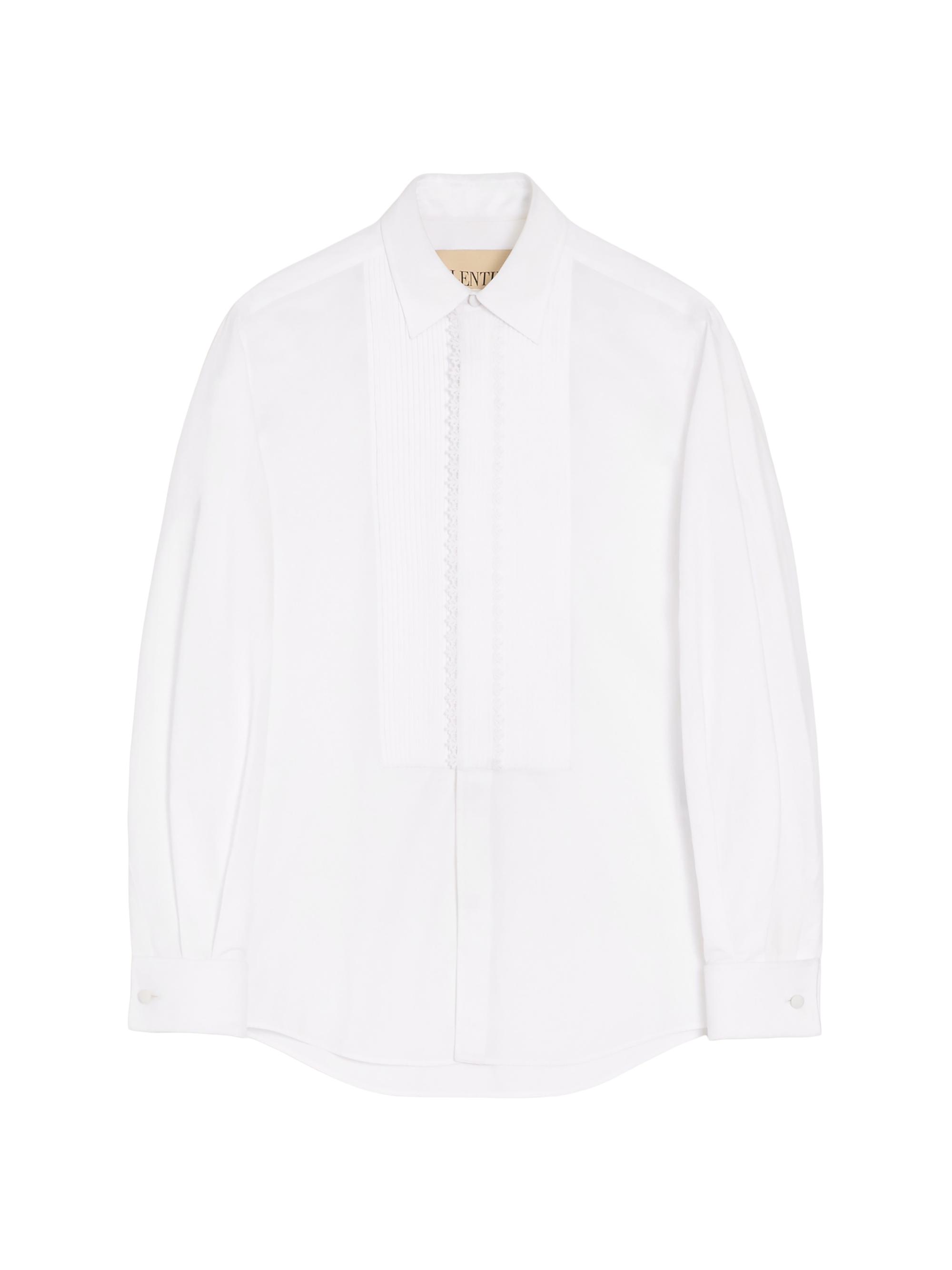 Valentino Garavani Men's Cotton Poplin Shirt with Pleated Plastron and Lace Details - White