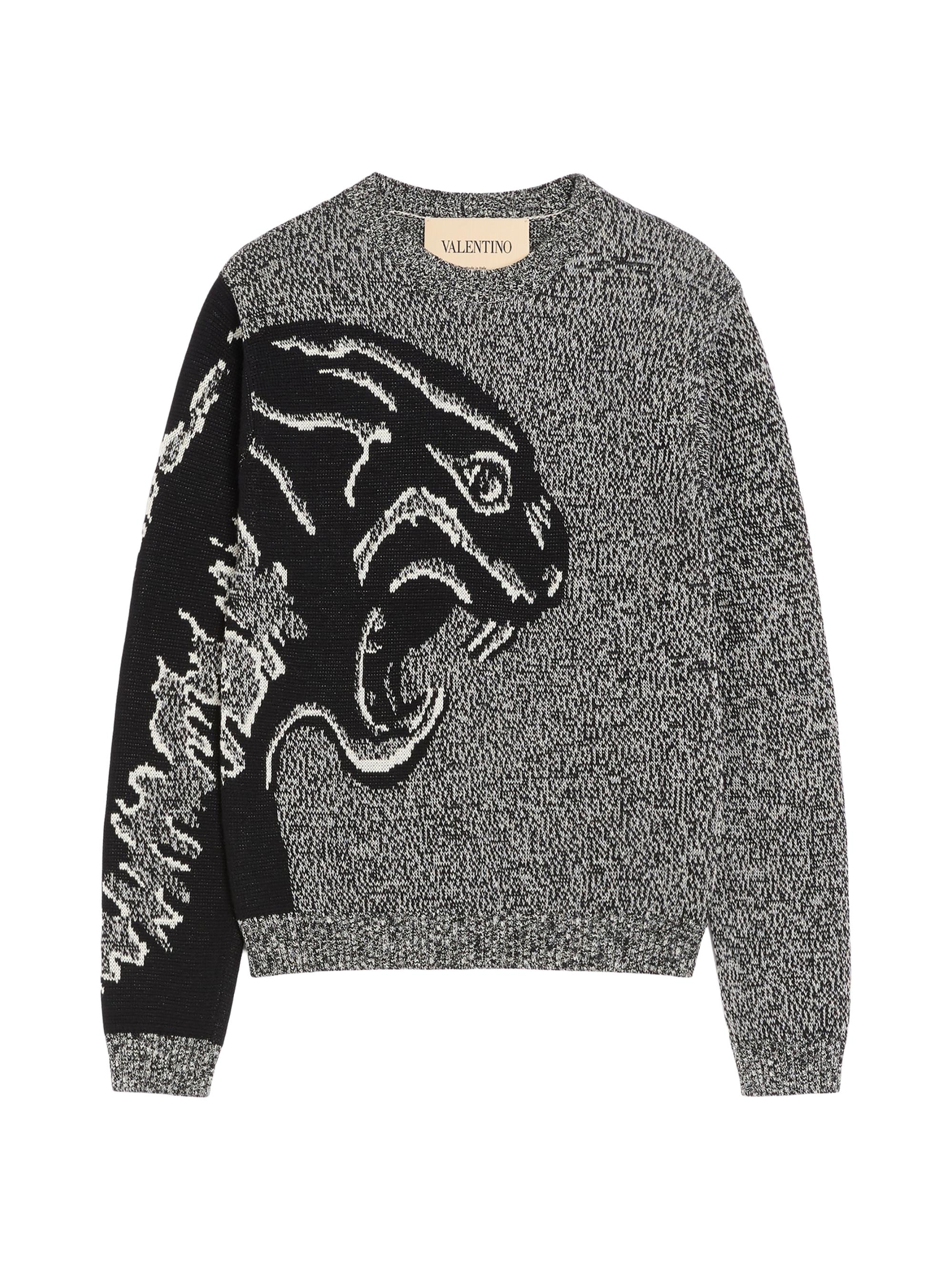 Valentino Garavani Men's Cotton and Mouliné Wool Sweater with Panther Jacquard -  Black