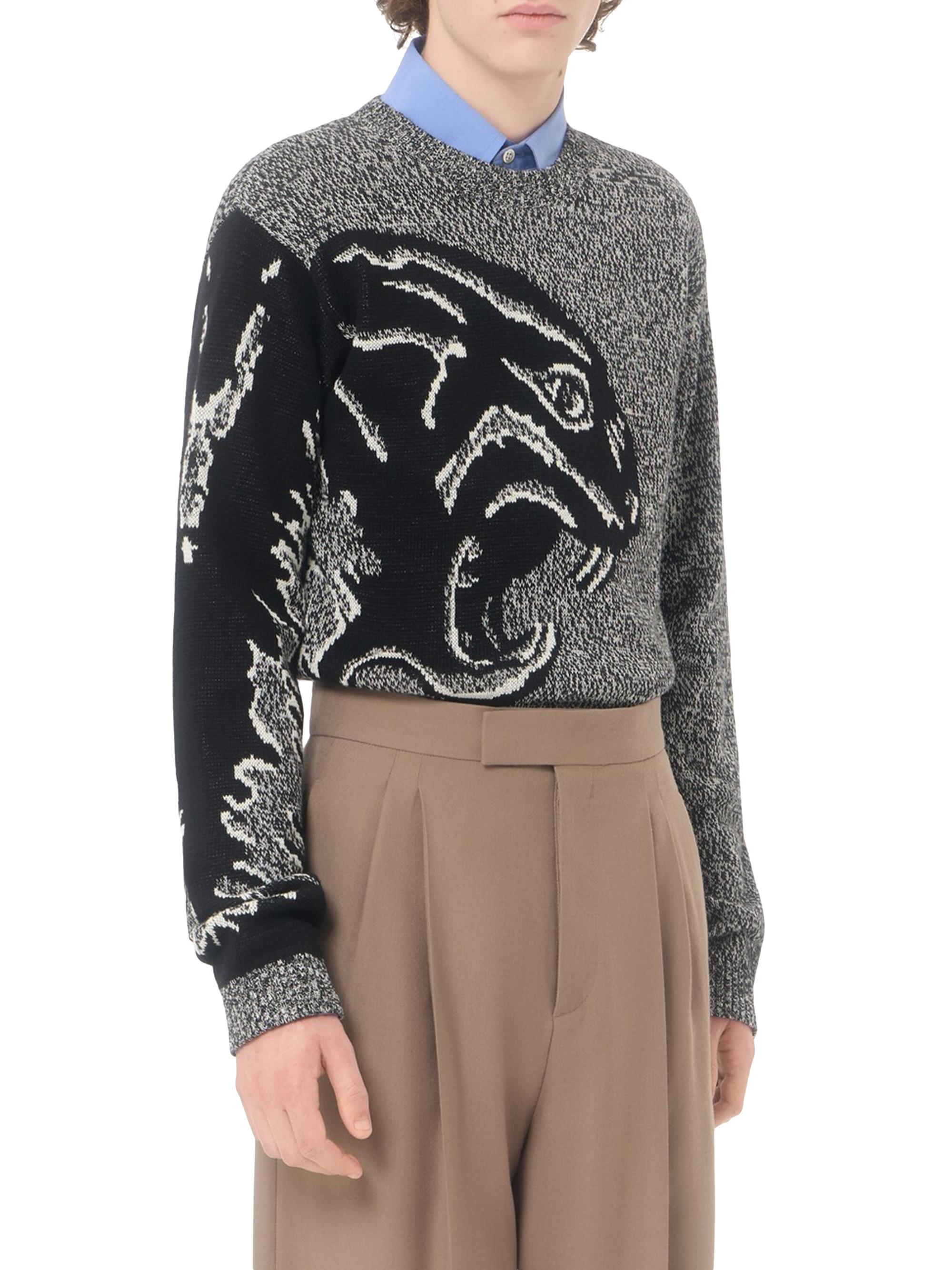Valentino Garavani Men's Cotton and Mouliné Wool Sweater with Panther Jacquard -  Black | Thumbnail 2