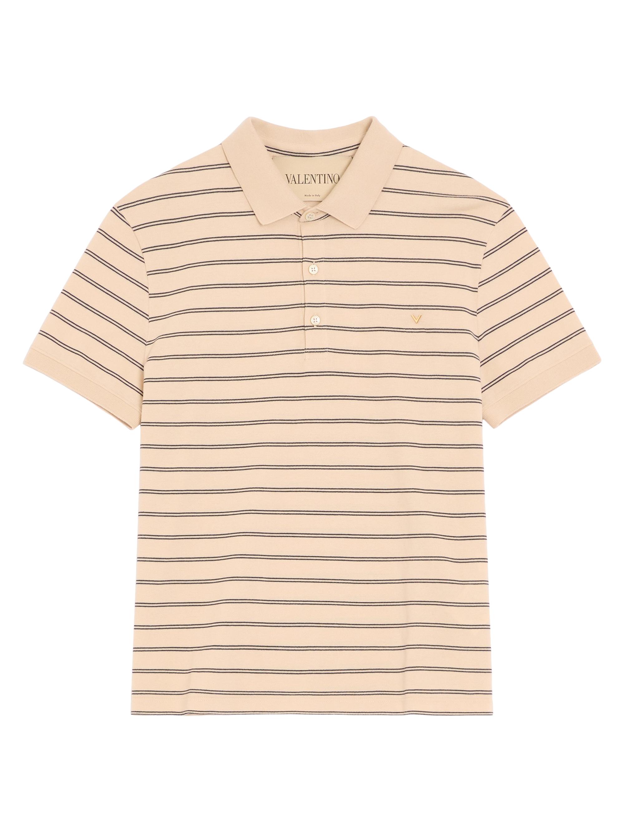 Valentino Garavani Men's Cotton Piqué Polo Shirt with VGold Stripes - Beige Navy