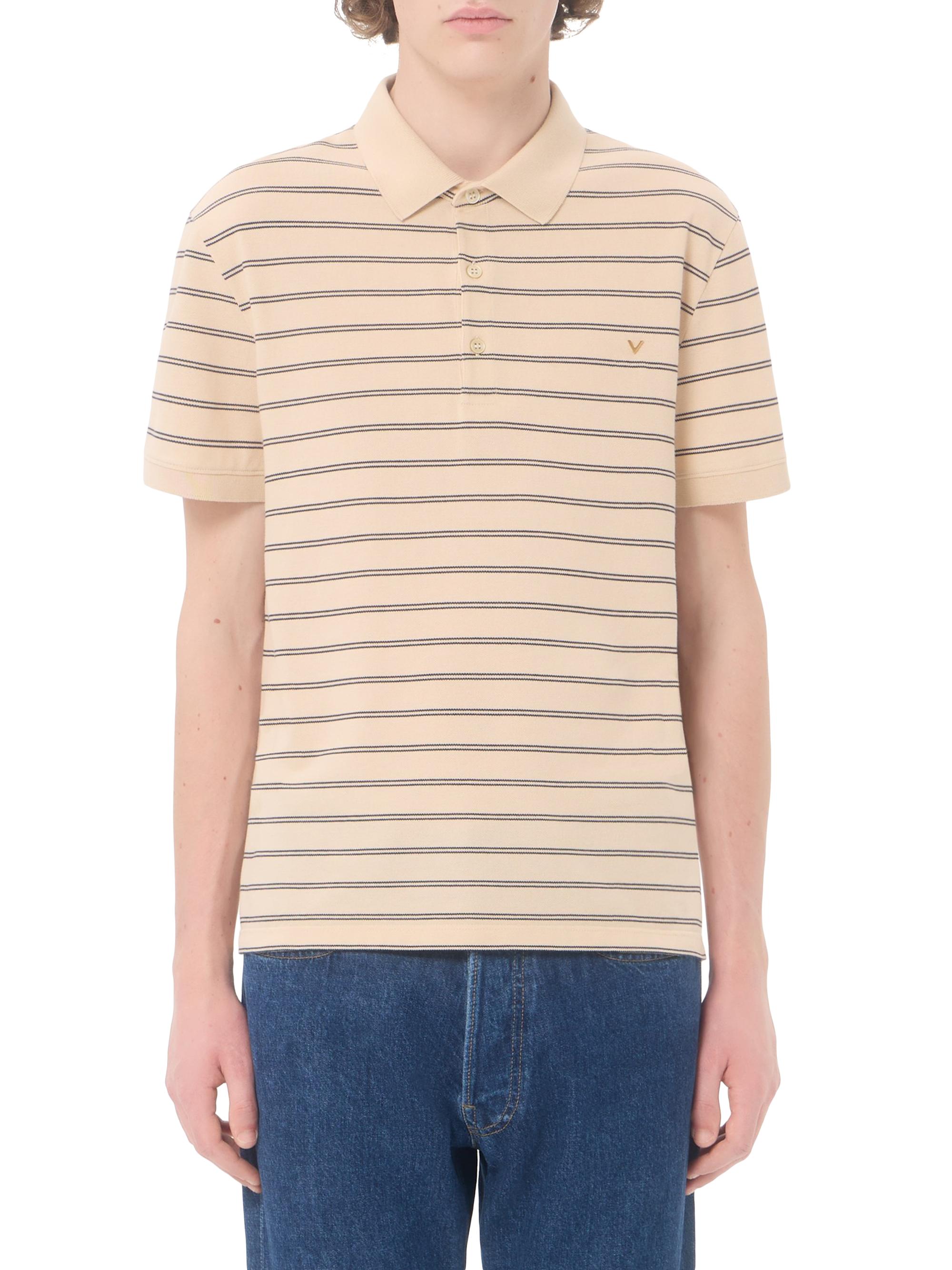 Valentino Garavani Men's Cotton Piqué Polo Shirt with VGold Stripes - Beige Navy | Thumbnail 3
