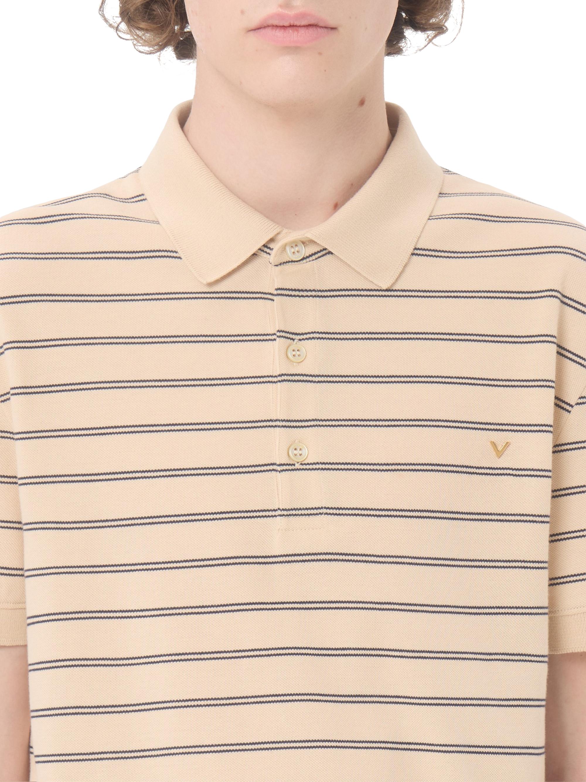Valentino Garavani Men's Cotton Piqué Polo Shirt with VGold Stripes - Beige Navy | Thumbnail 6
