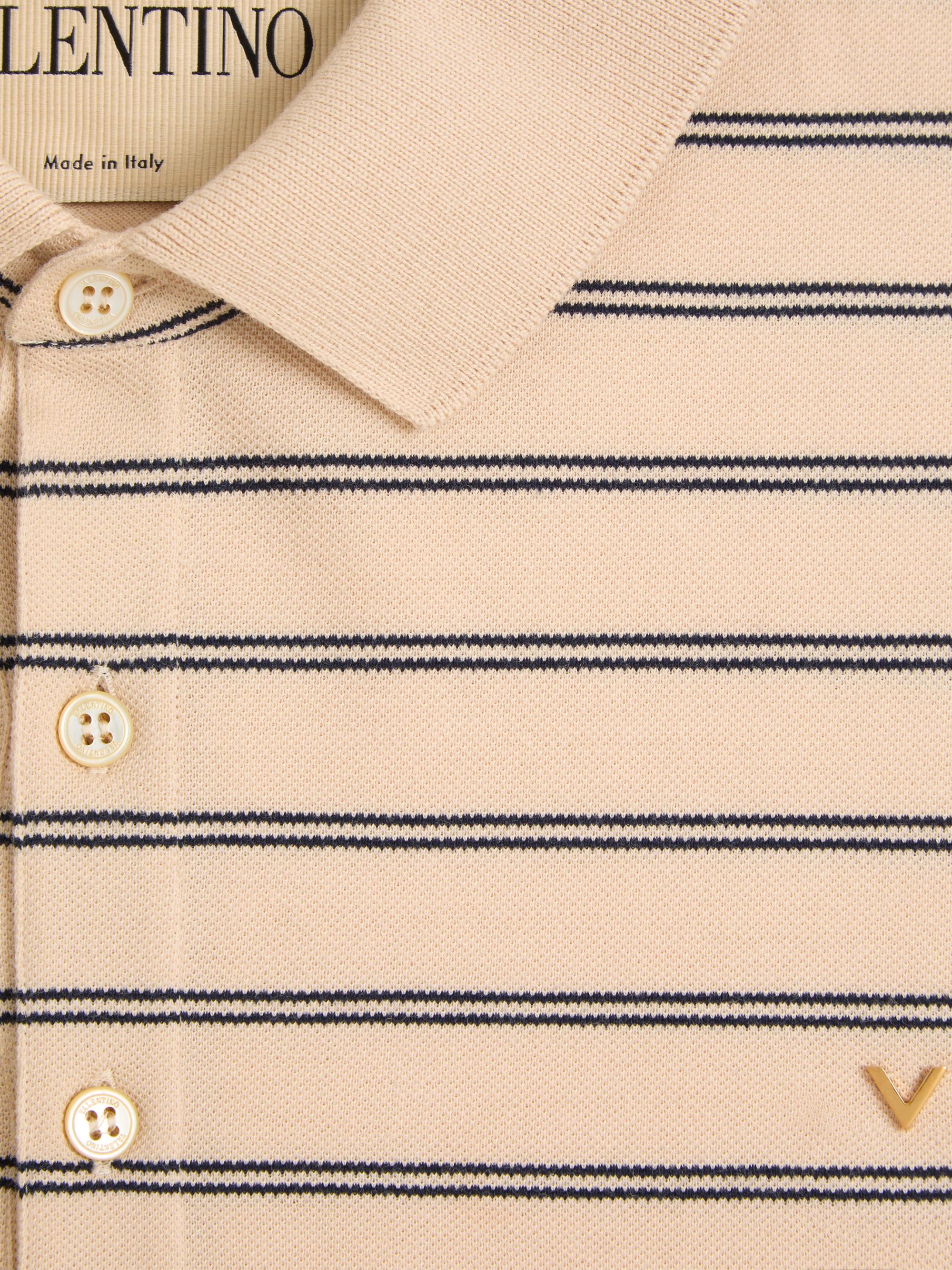 Valentino Garavani Men's Cotton Piqué Polo Shirt with VGold Stripes - Beige Navy | Thumbnail 7
