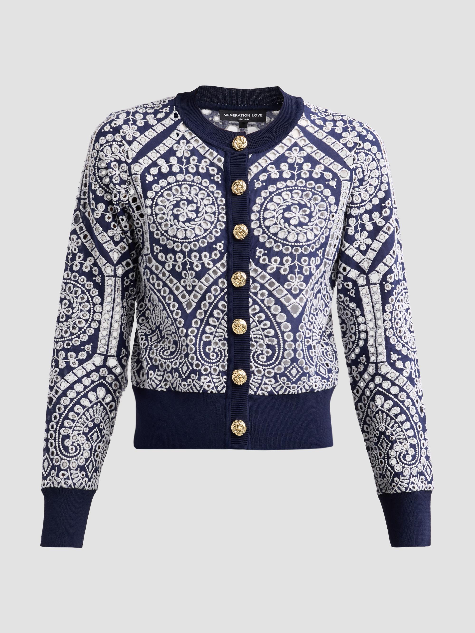 Generation Love Women's Erin Cotton Eyelet Cardigan - Navy White