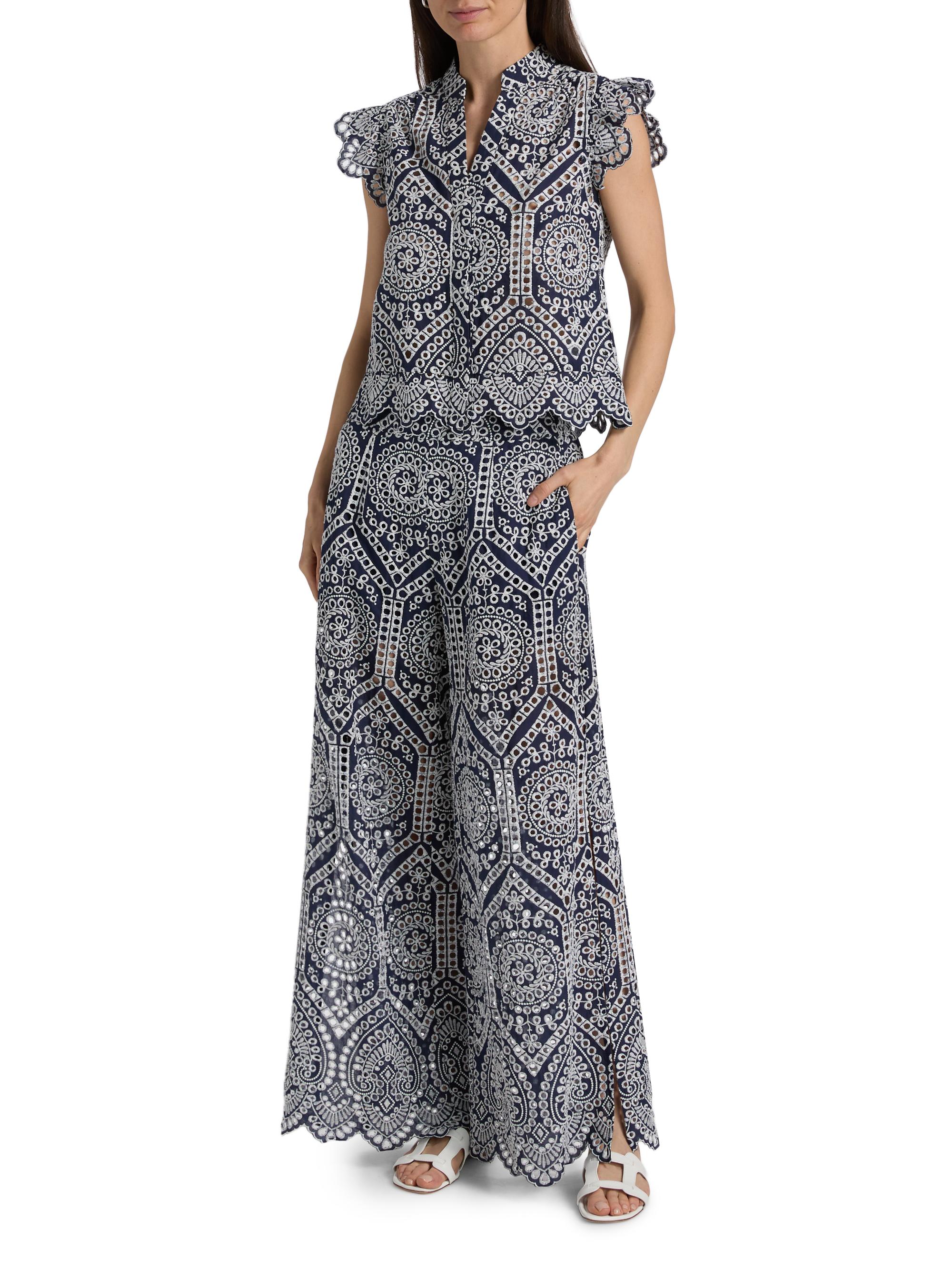 Generation Love Women's Fifi Eyelet Cotton Wide-Leg Pants - Navy White | Thumbnail 2