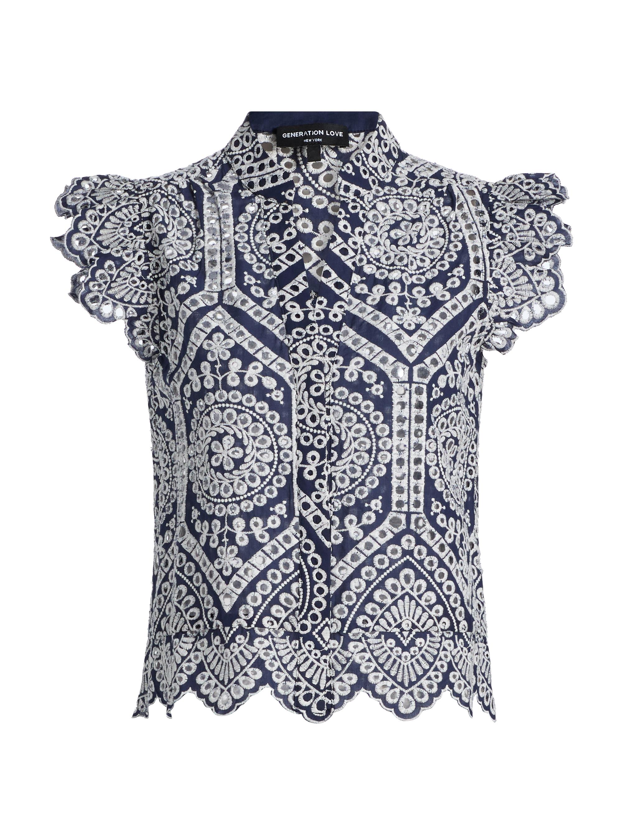 Generation Love Women's Romy Eyelet-Embroidered Cotton Shirt - Navy White