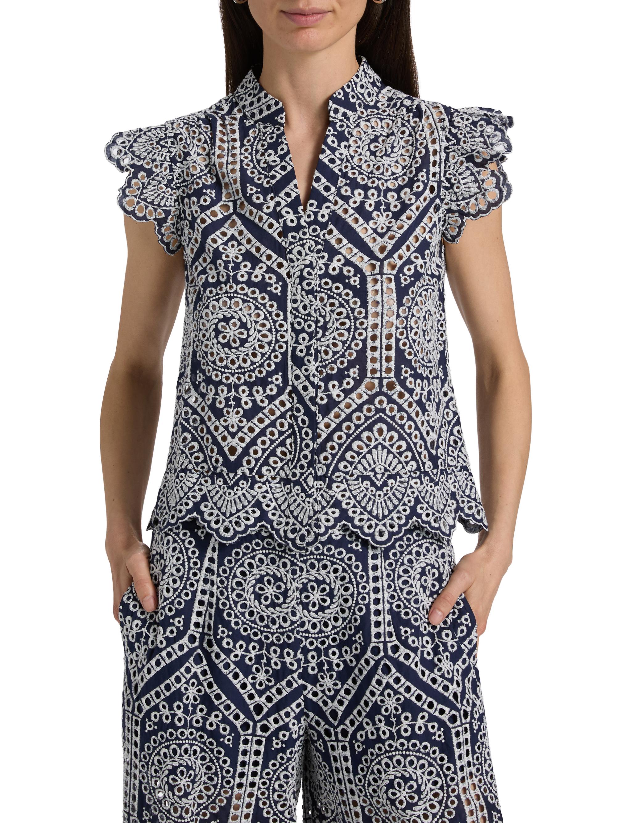 Generation Love Women's Romy Eyelet-Embroidered Cotton Shirt - Navy White | Thumbnail 3