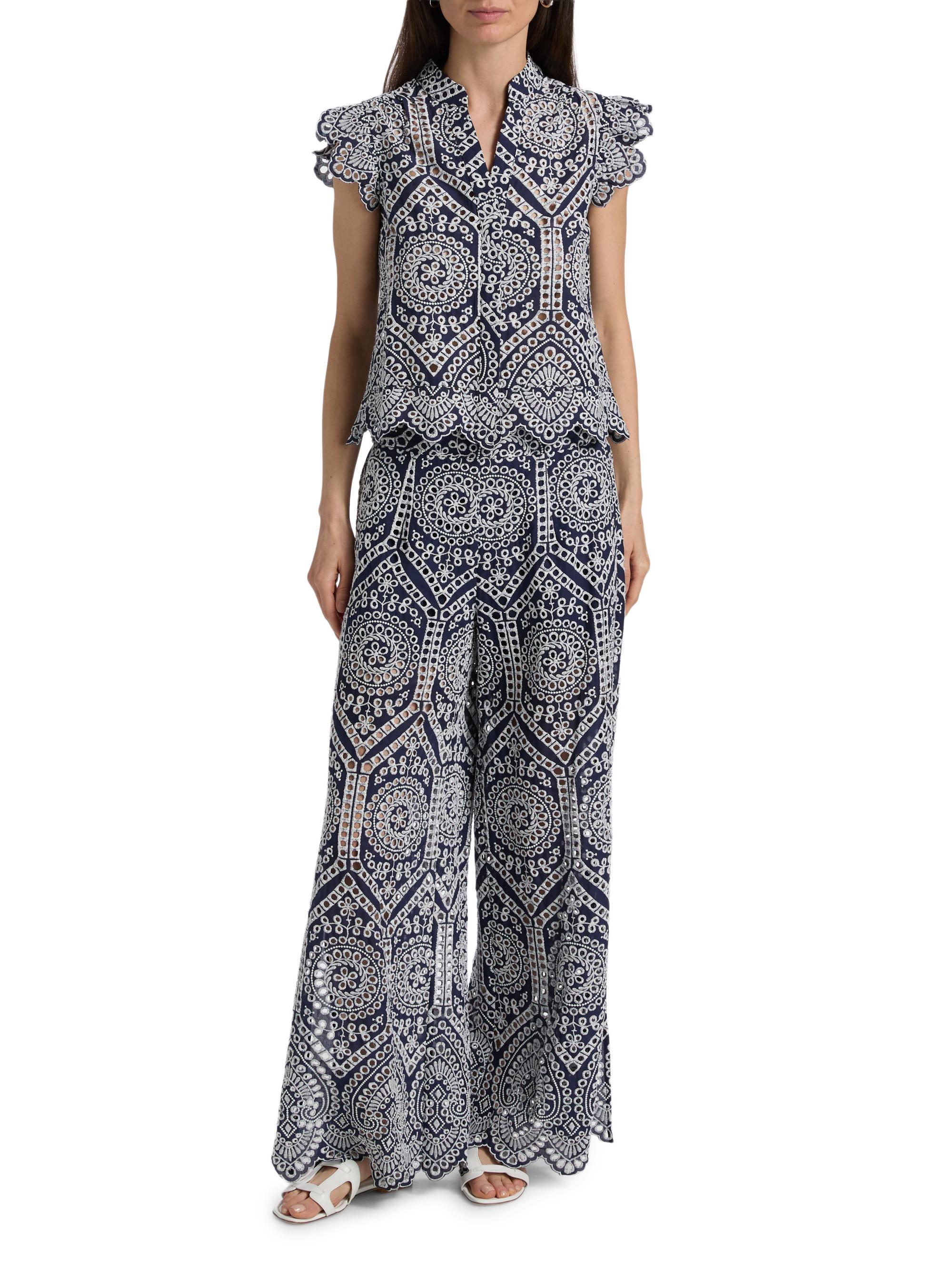 Generation Love Women's Romy Eyelet-Embroidered Cotton Shirt - Navy White | Thumbnail 2