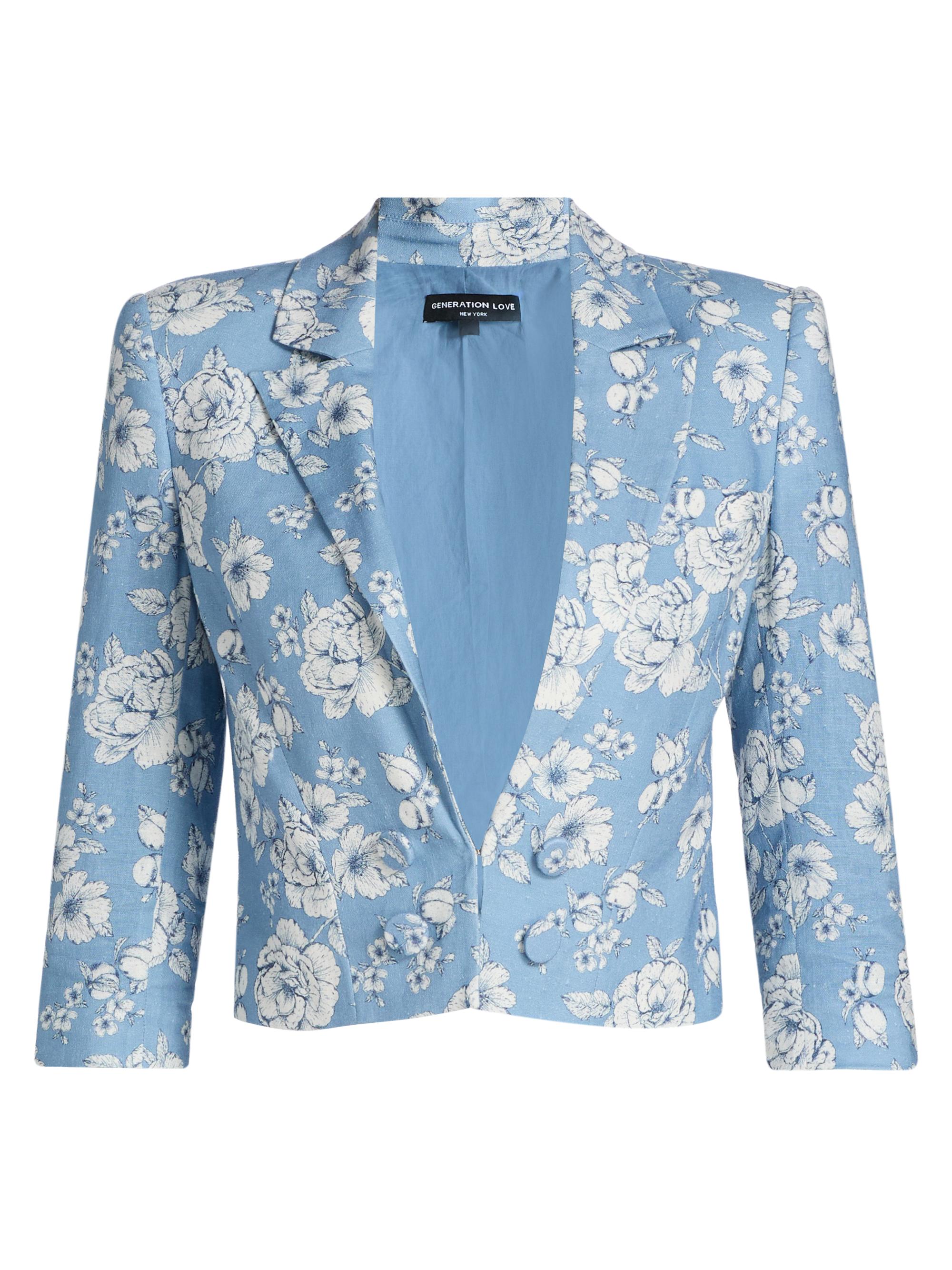 Generation Love Women's Emmeline Floral Linen Crop Blazer - Heritage Toile White